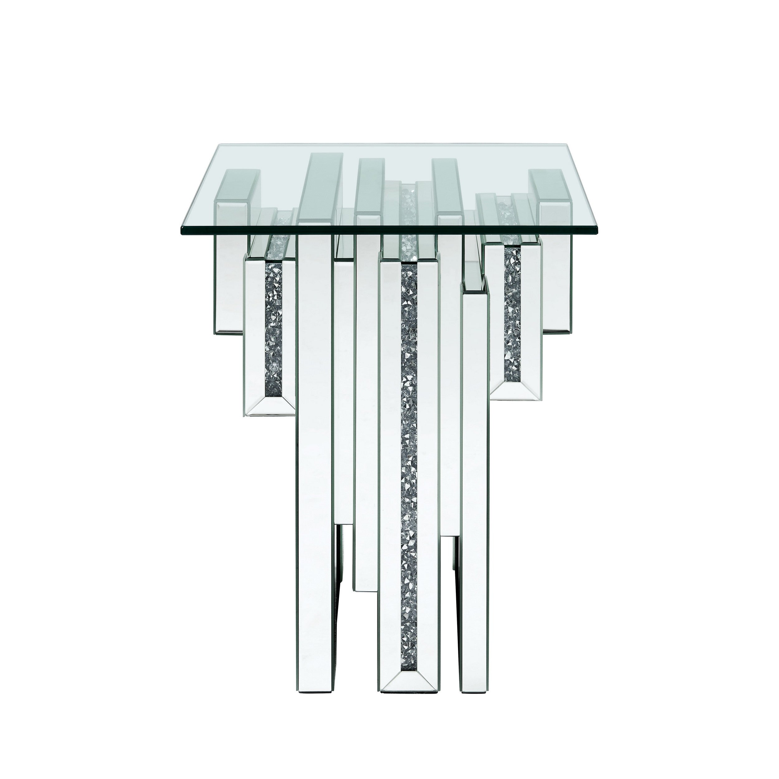 Benjara Glass Top End Table with Mirror Panels And Faux Gemstone Accents, Silver