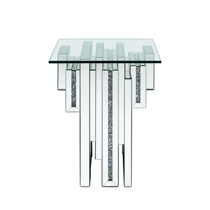 Benjara Glass Top End Table with Mirror Panels And Faux Gemstone Accents, Silver