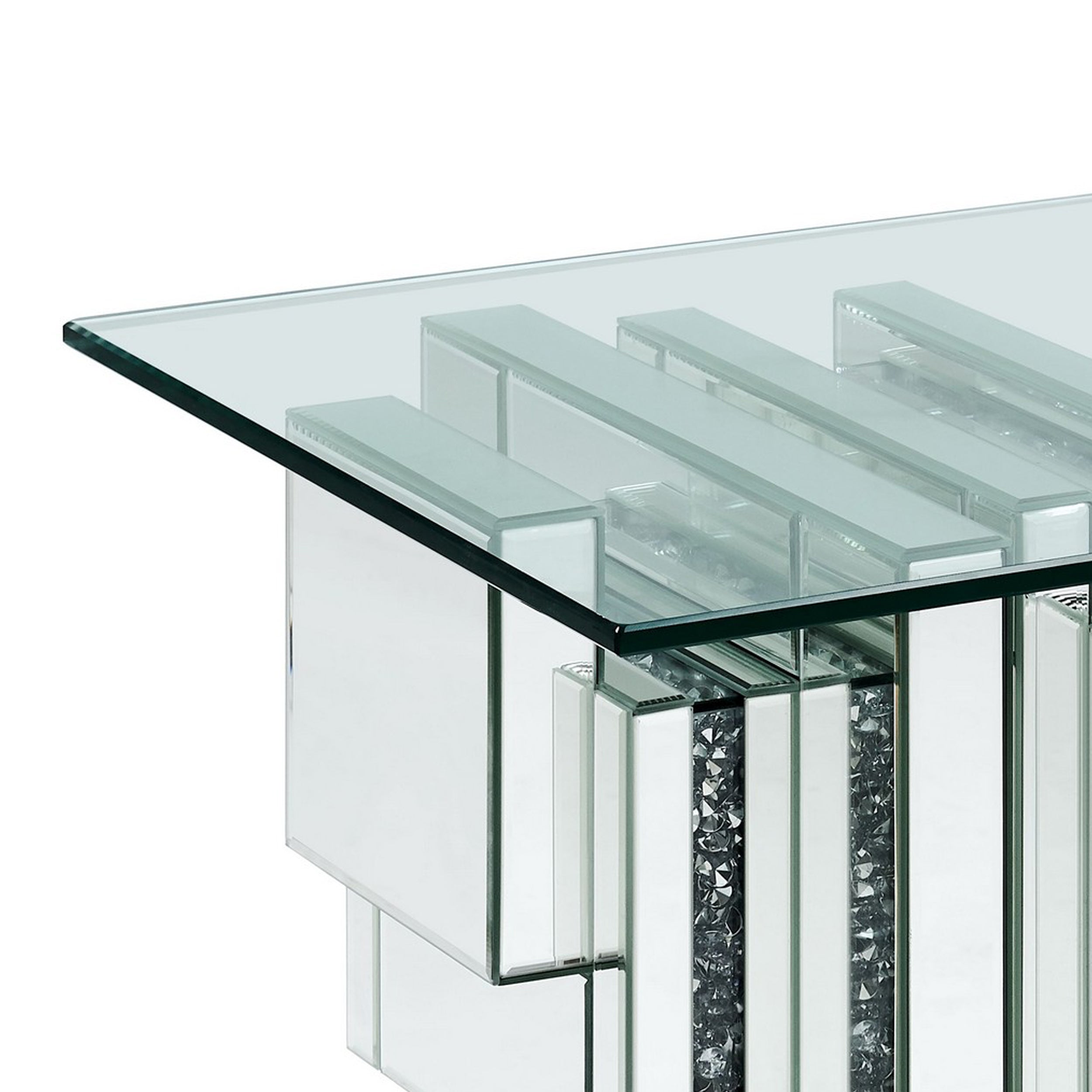 Benjara Glass Top End Table with Mirror Panels And Faux Gemstone Accents, Silver