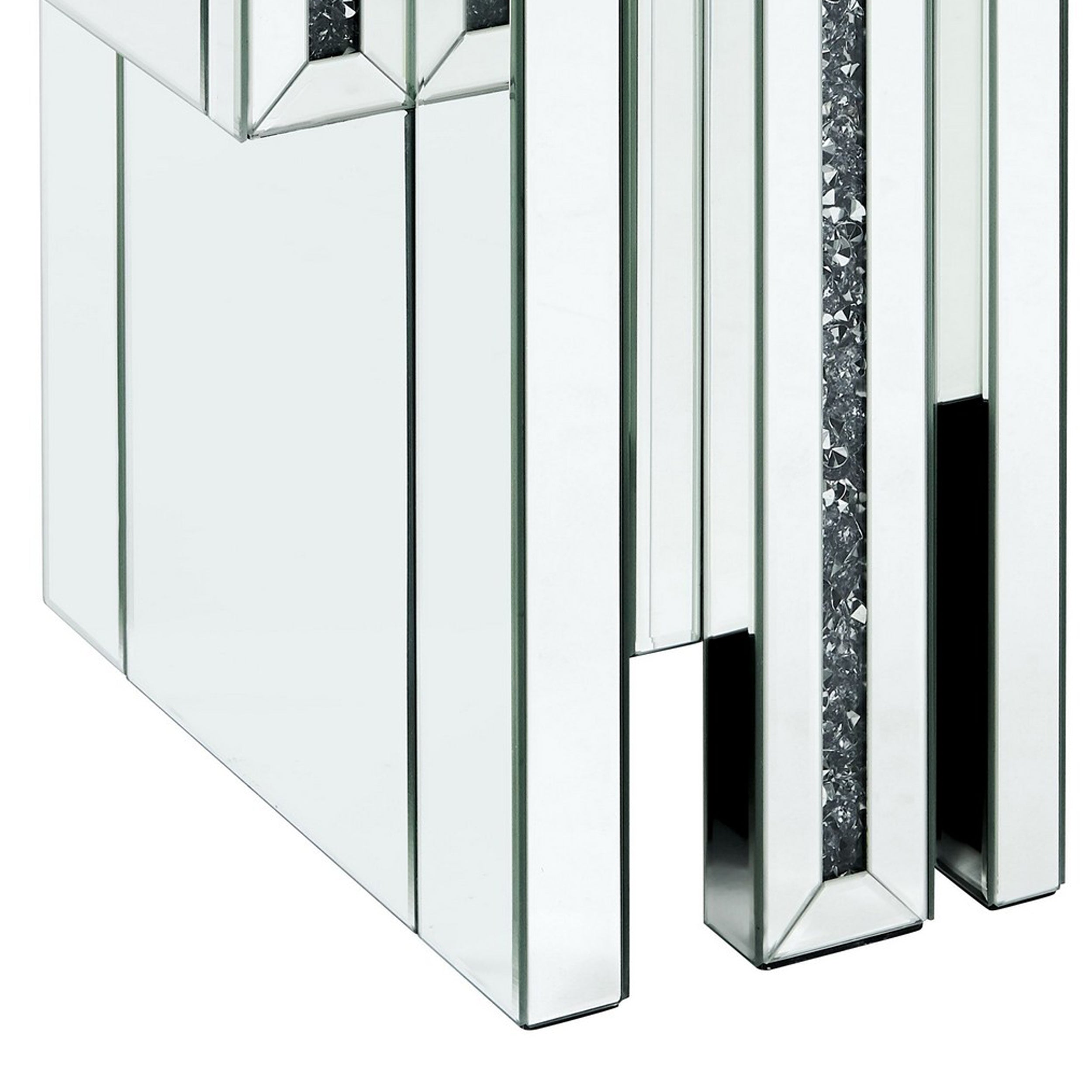 Benjara Glass Top End Table with Mirror Panels And Faux Gemstone Accents, Silver