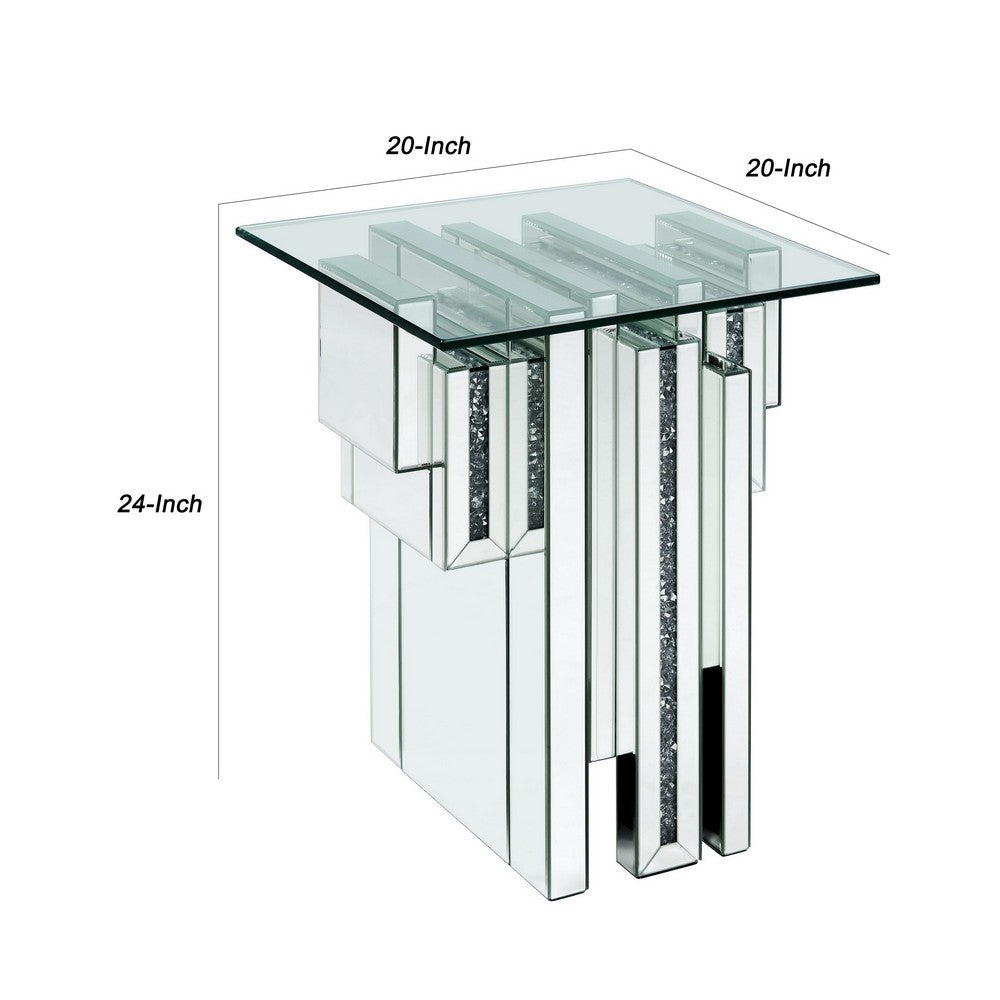 Benjara Glass Top End Table with Mirror Panels And Faux Gemstone Accents, Silver