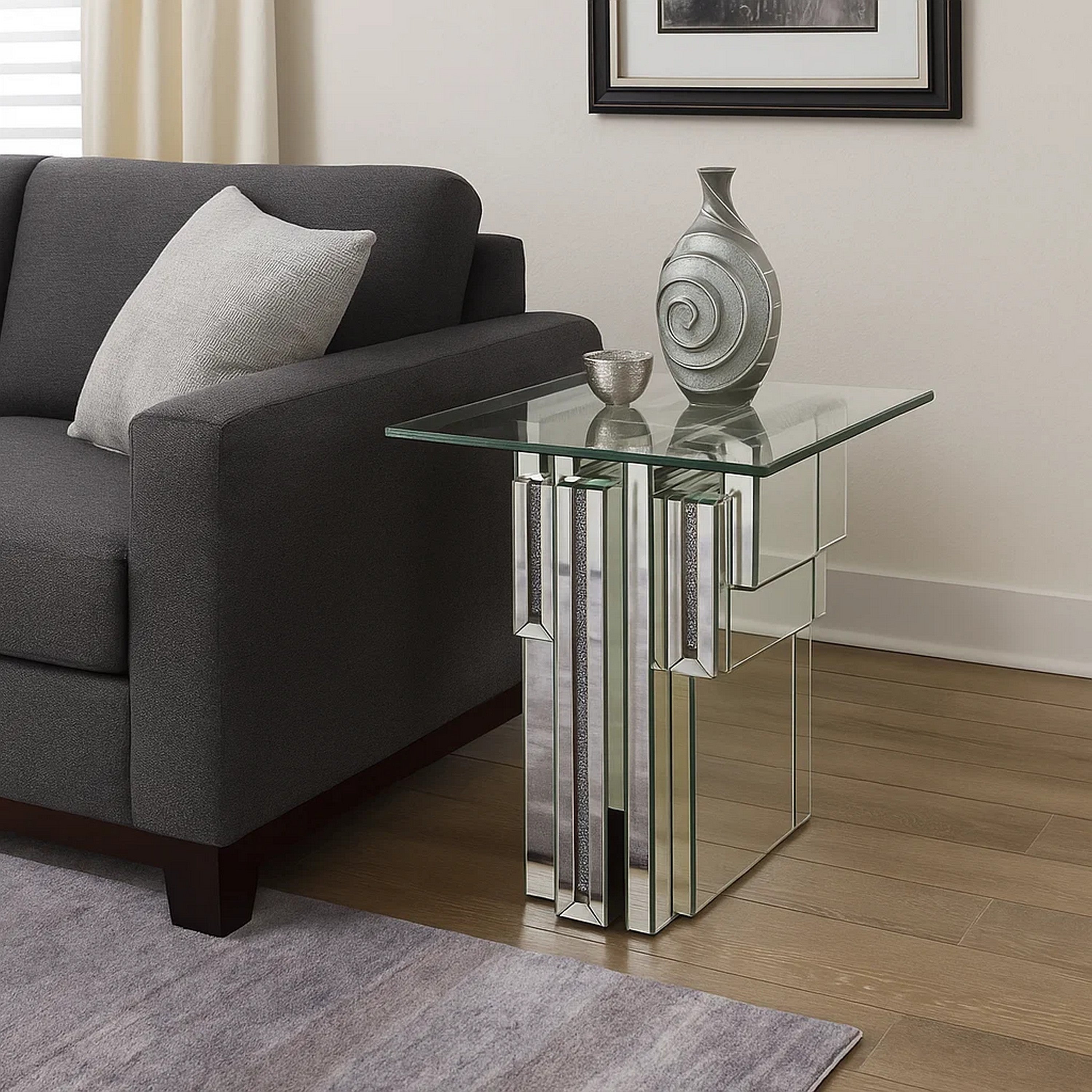 Benjara Glass Top End Table with Mirror Panels And Faux Gemstone Accents, Silver