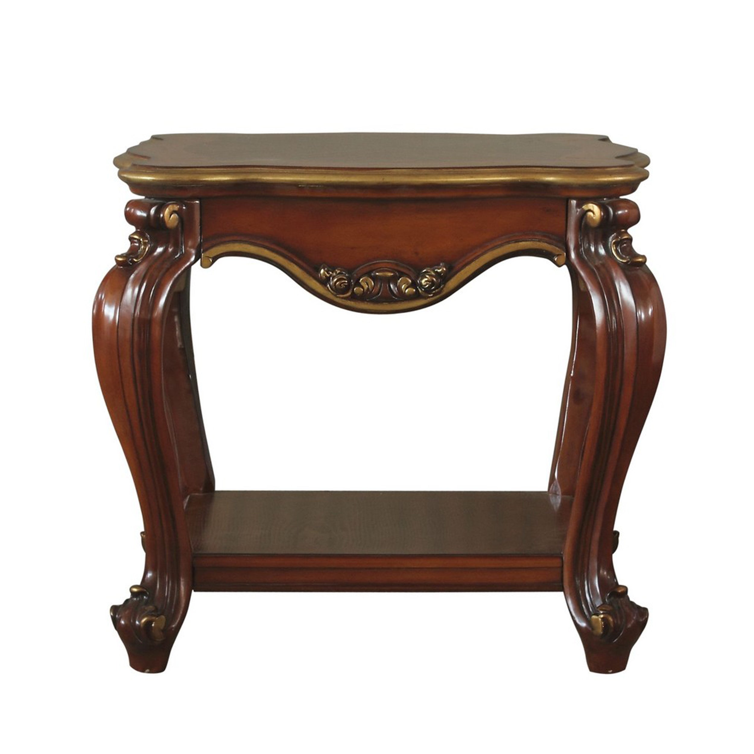 Benjara Wooden End Table with Open Bottom Shelf And Carved Details, Brown