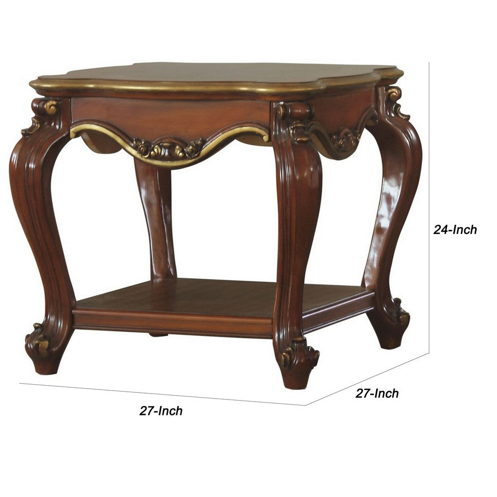 Benjara Wooden End Table with Open Bottom Shelf And Carved Details, Brown