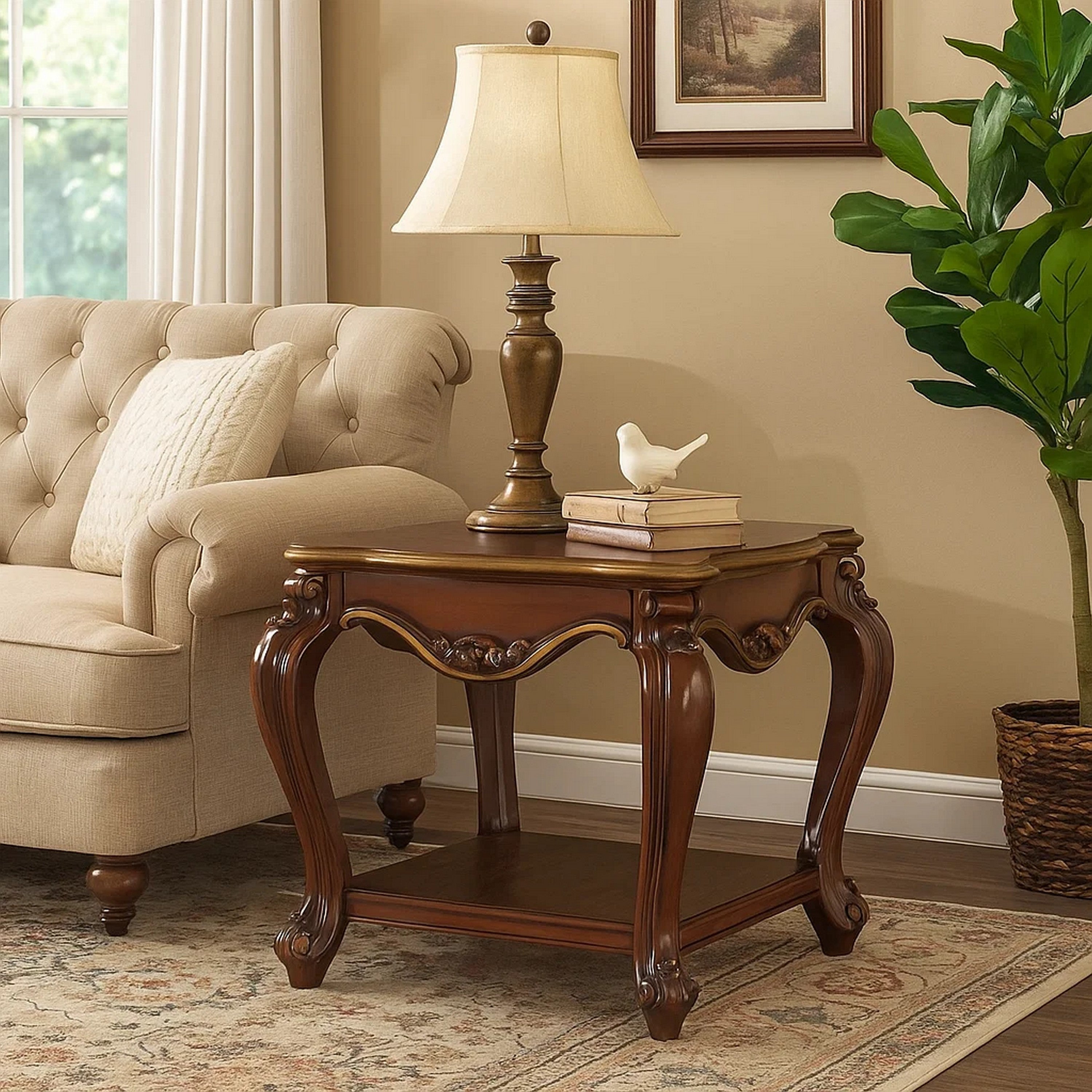 Benjara Wooden End Table with Open Bottom Shelf And Carved Details, Brown