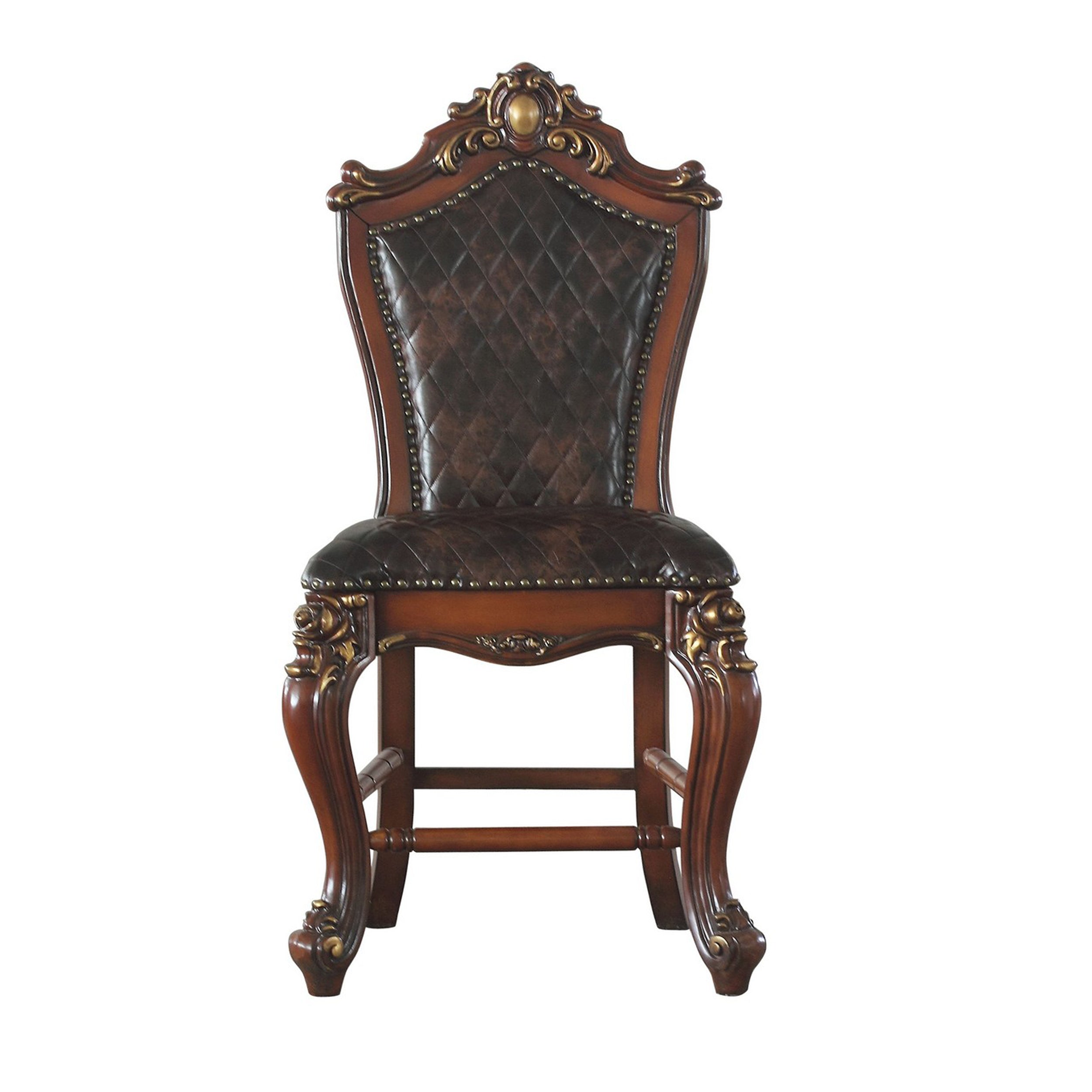 Benjara Leatherette Padded Counter Height Chair with Carvings, Set of 2, Brown