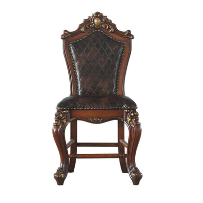 Benjara Leatherette Padded Counter Height Chair with Carvings, Set of 2, Brown