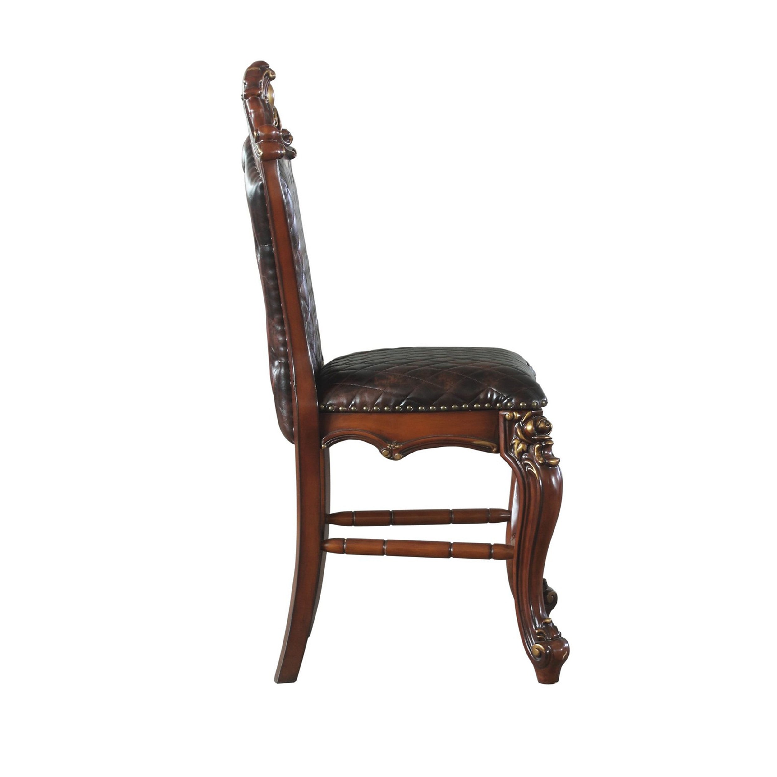 Benjara Leatherette Padded Counter Height Chair with Carvings, Set of 2, Brown