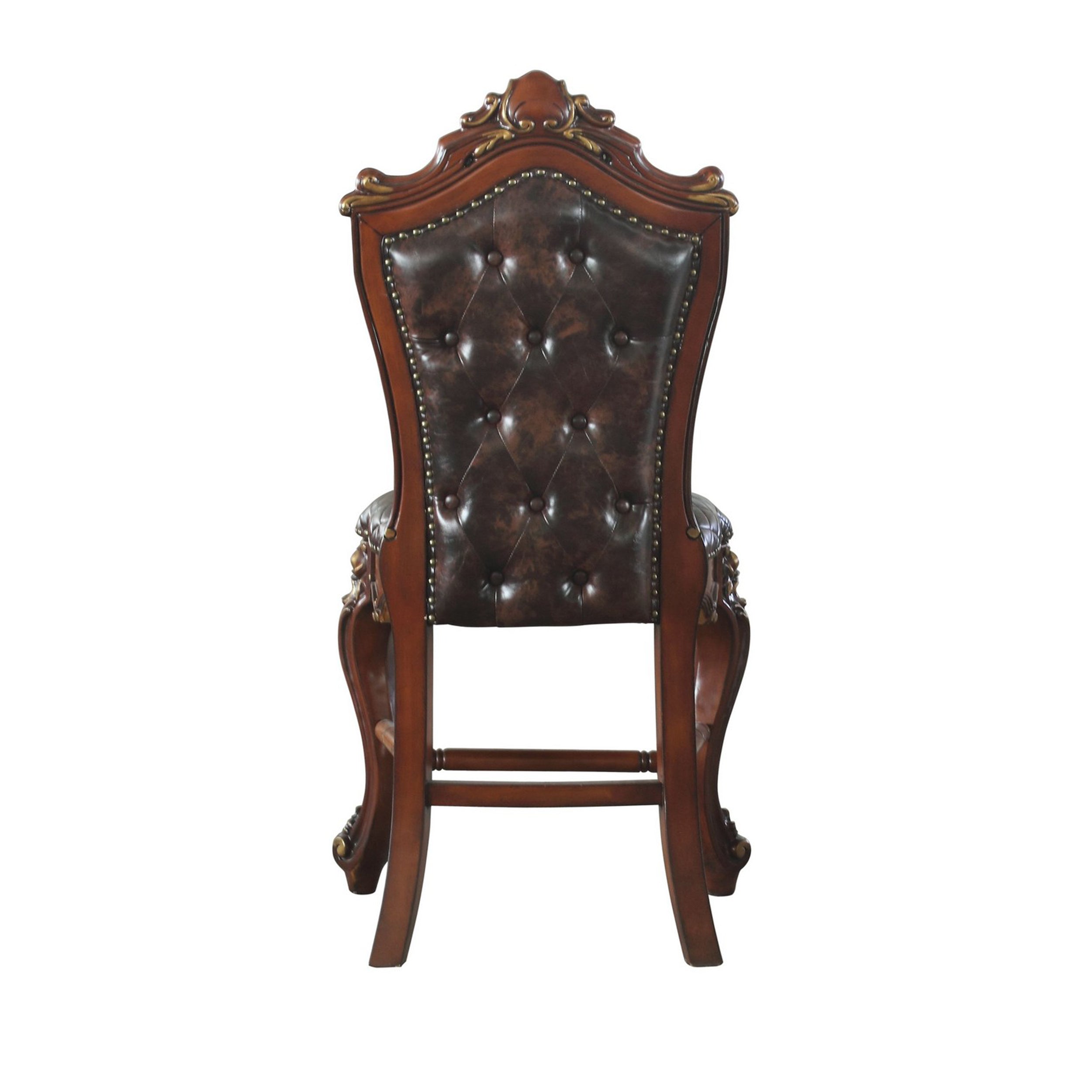 Benjara Leatherette Padded Counter Height Chair with Carvings, Set of 2, Brown