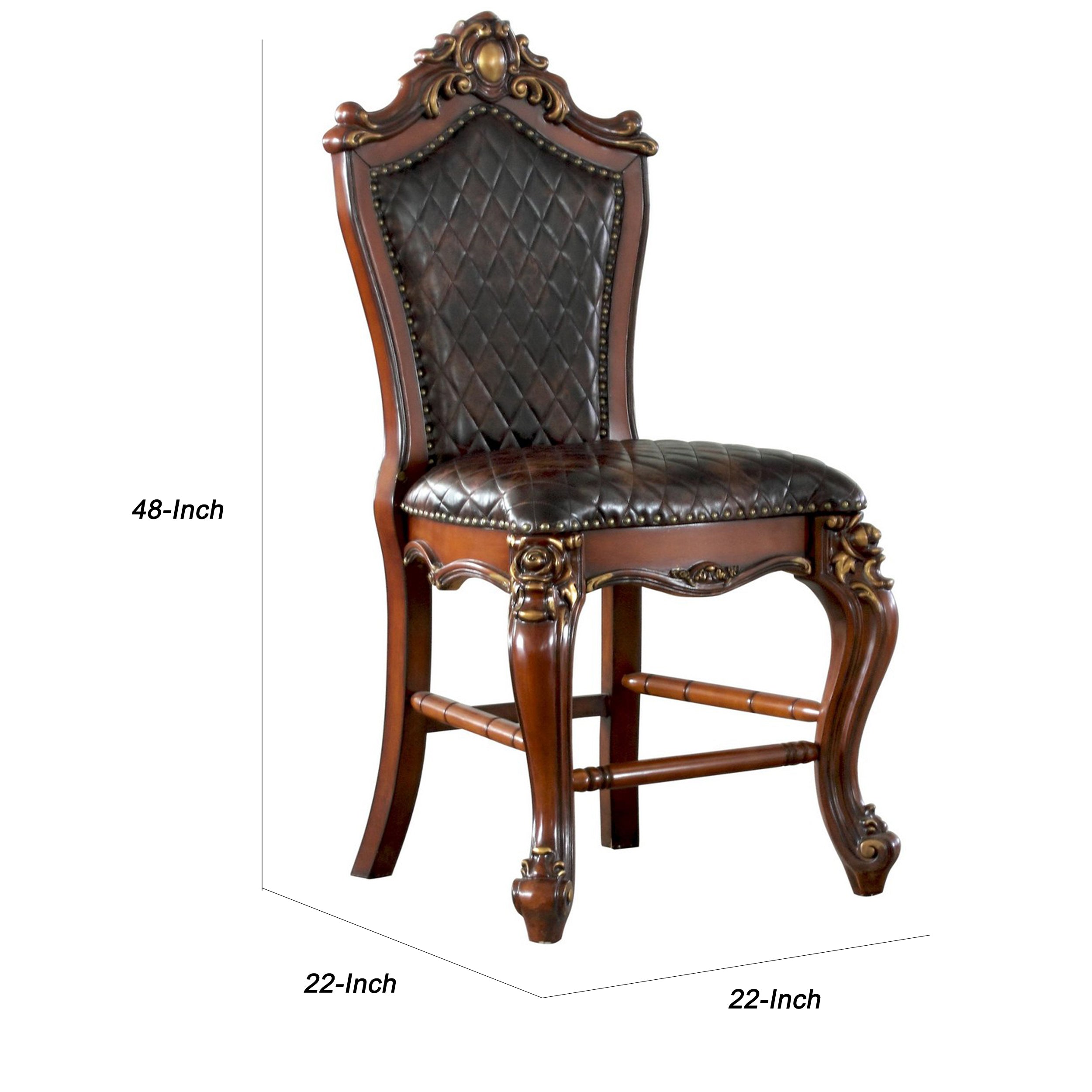 Benjara Leatherette Padded Counter Height Chair with Carvings, Set of 2, Brown
