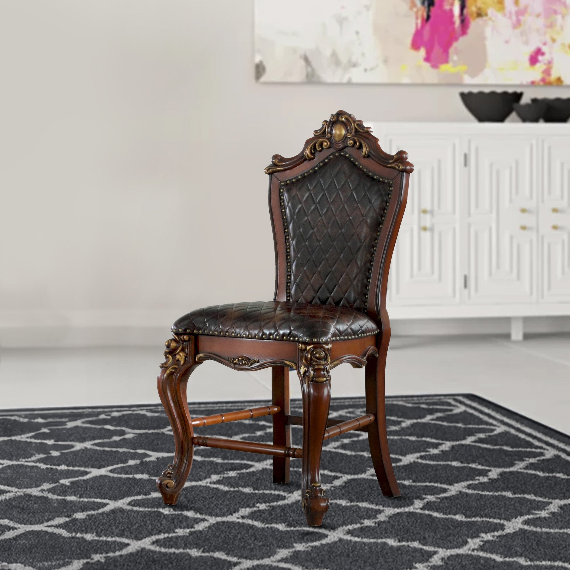 Benjara Leatherette Padded Counter Height Chair with Carvings, Set of 2, Brown