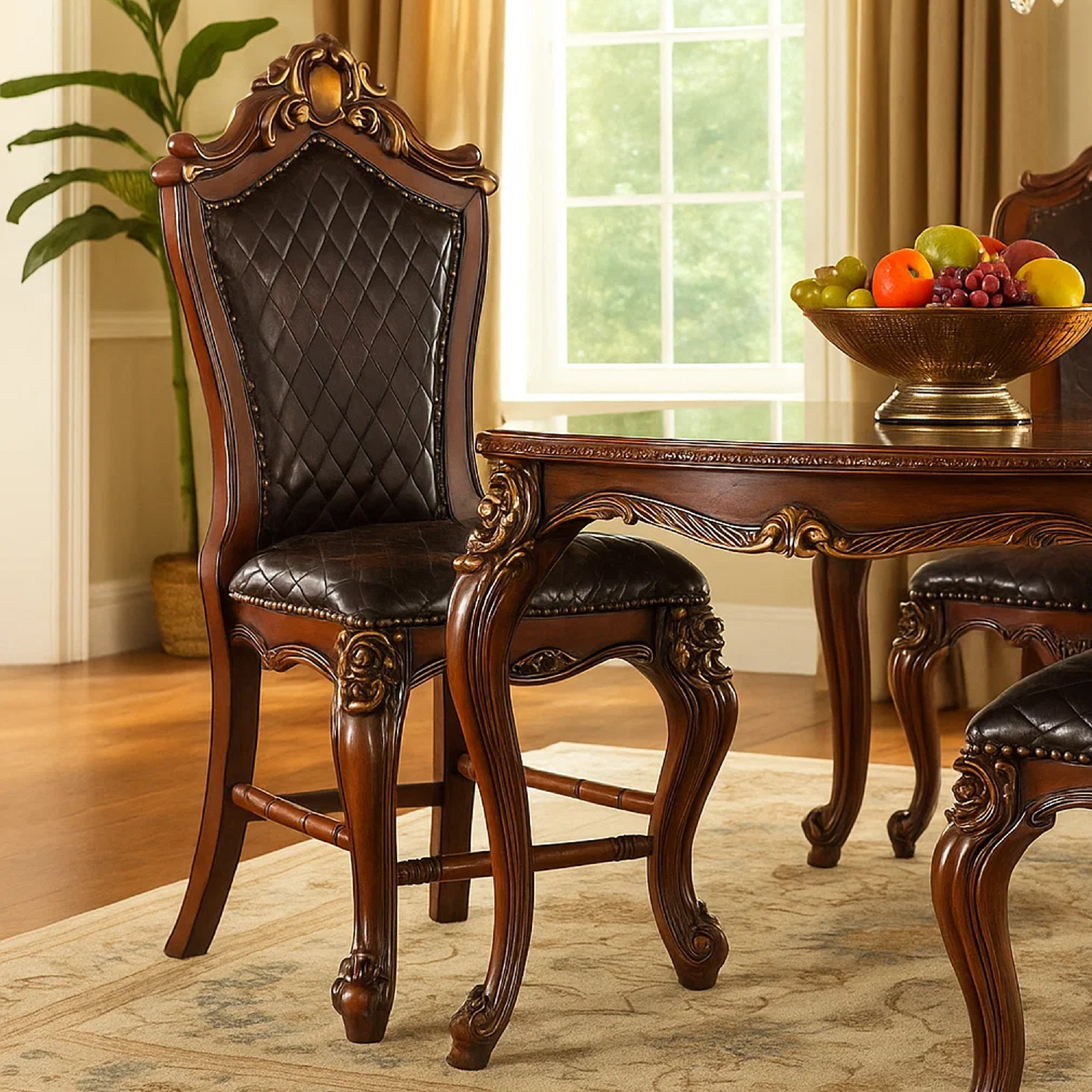 Benjara Leatherette Padded Counter Height Chair with Carvings, Set of 2, Brown