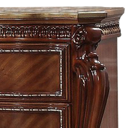Benjara 2 Drawer Wooden Nightstand with Metal Knobs And Carved Details, Brown