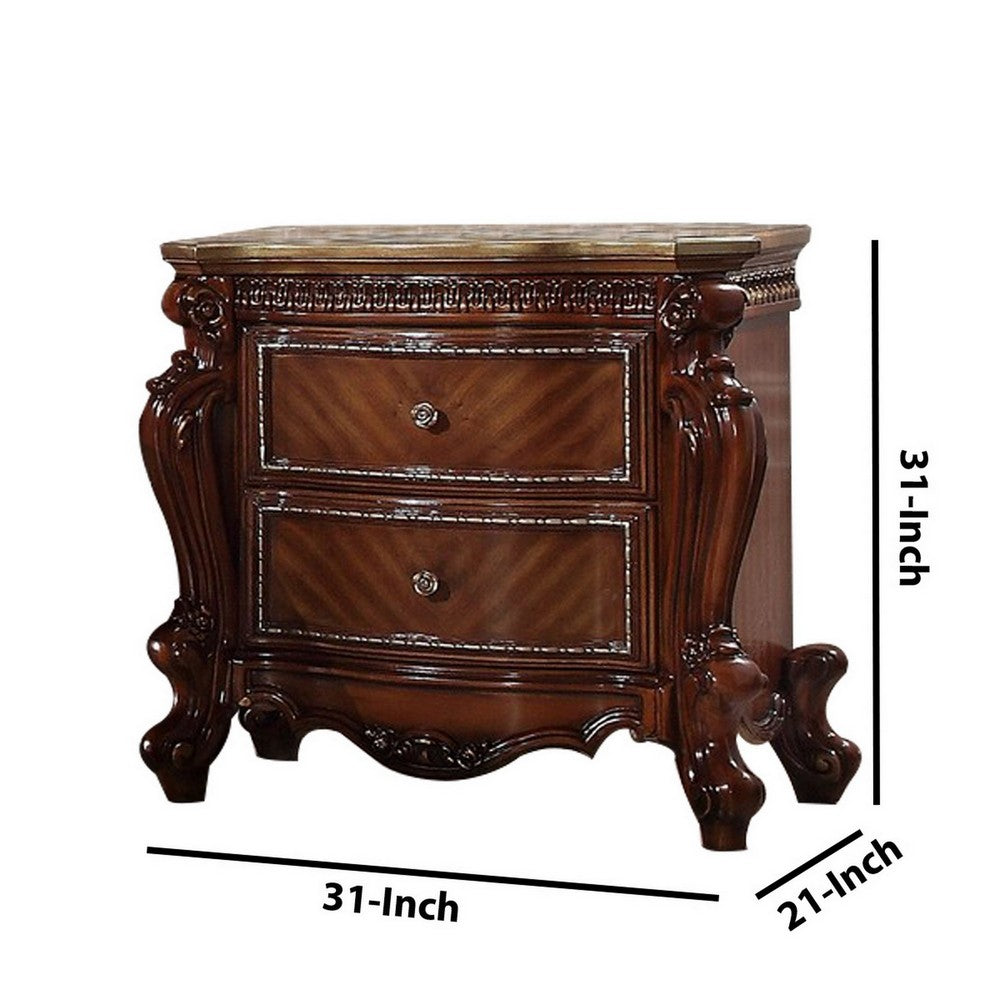 Benjara 2 Drawer Wooden Nightstand with Metal Knobs And Carved Details, Brown