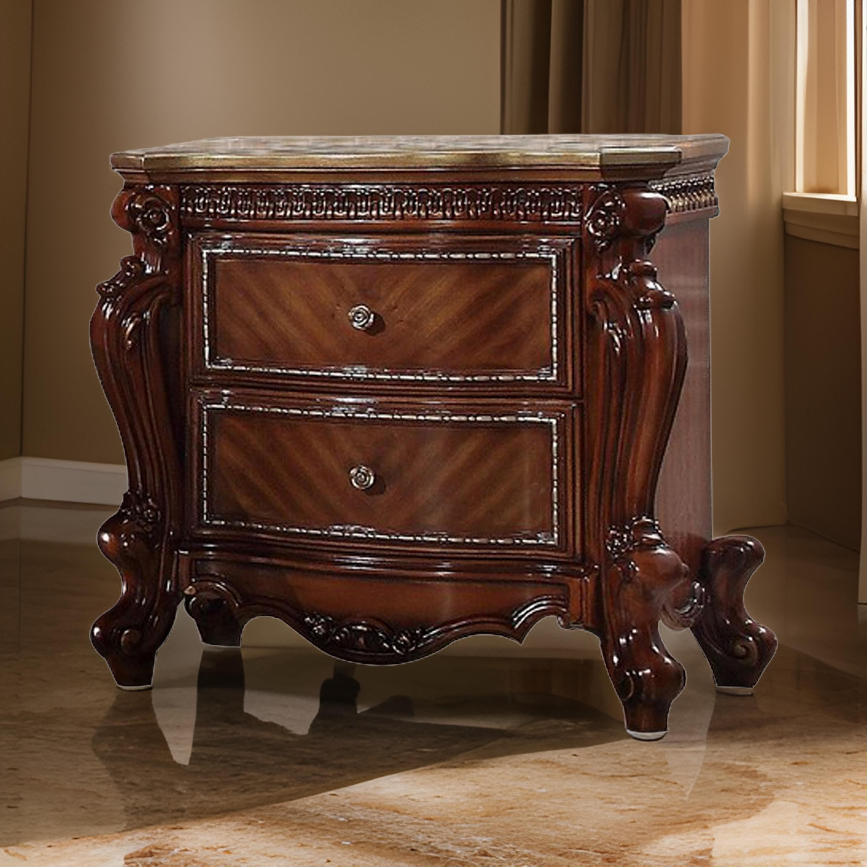 Benjara 2 Drawer Wooden Nightstand with Metal Knobs And Carved Details, Brown