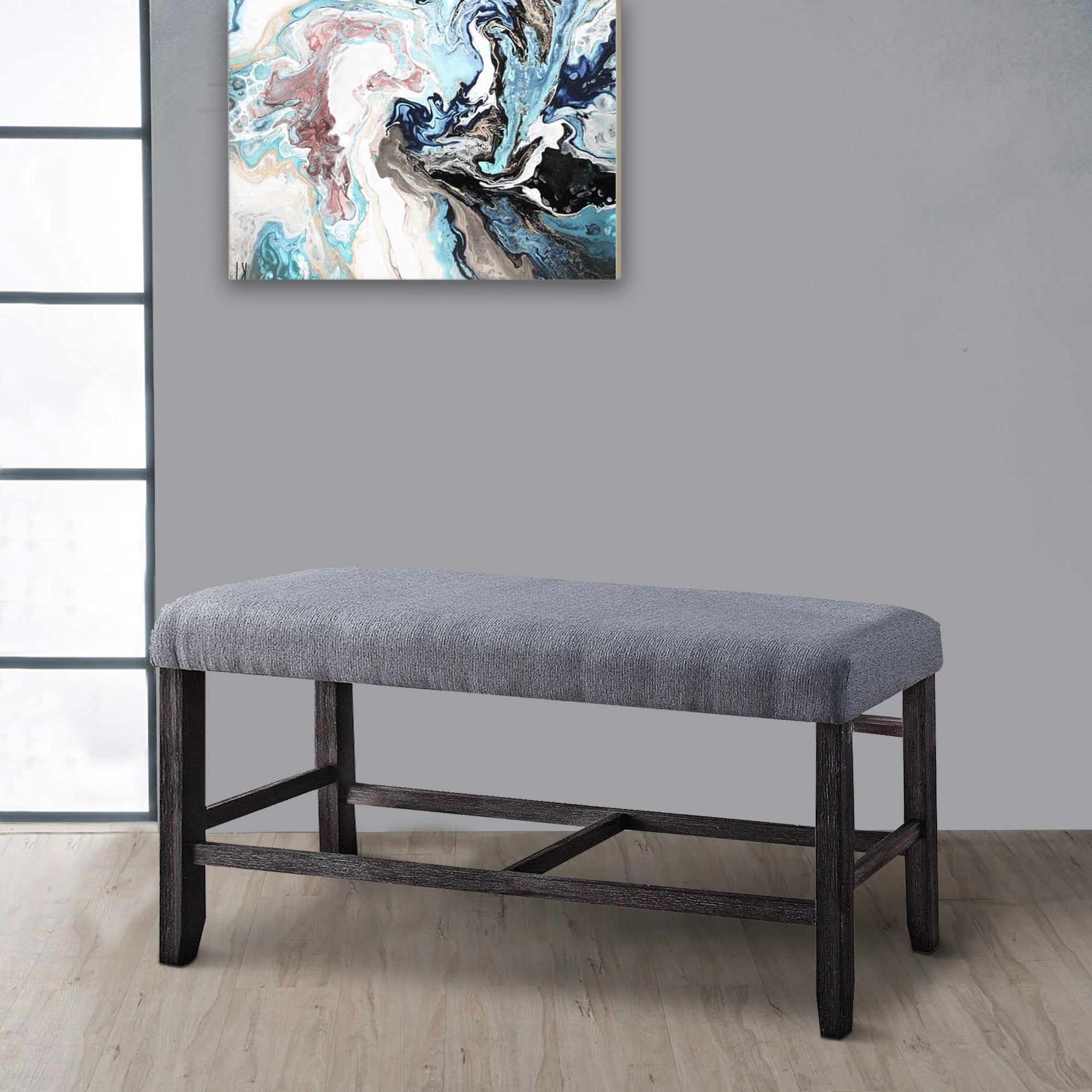 Benjara Rectangular Fabric Counter Height Bench with Padded Seat, Brown And Blue