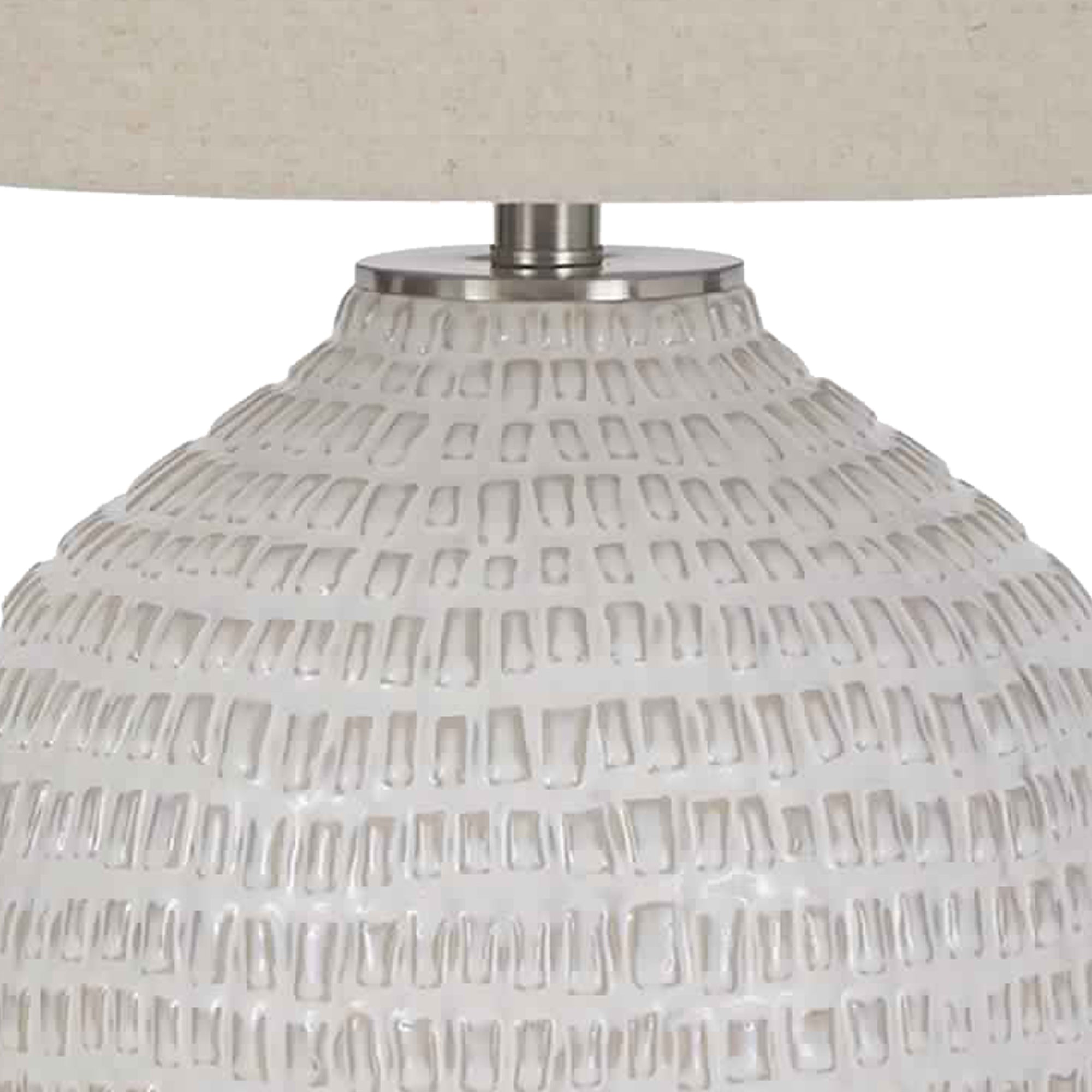 Benjara Textured Ceramic Frame Table Lamp with Fabric Shade, Beige And White