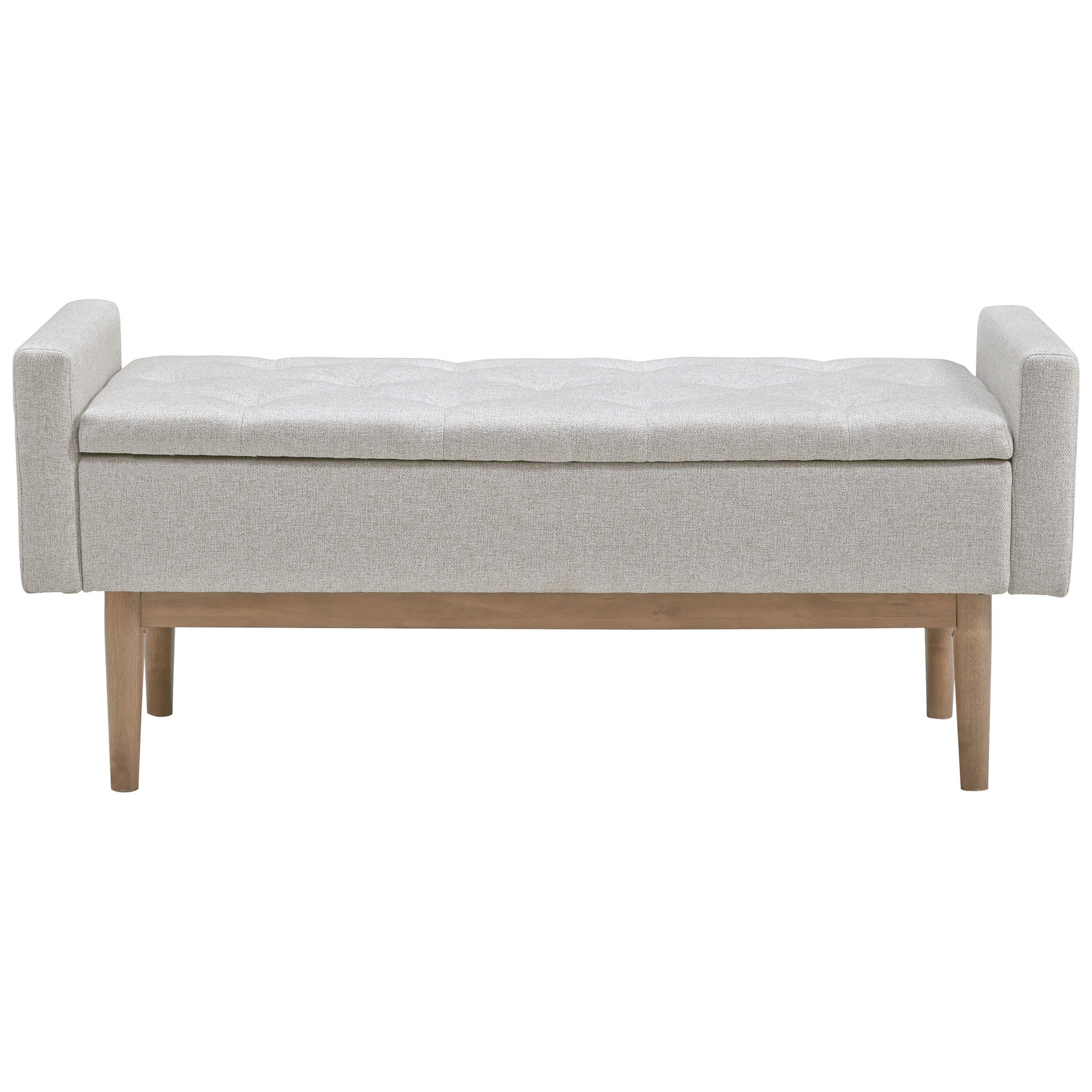 Benjara Tufted Fabric Storage Bench with Low Profile Elevated Arms, Light Gray