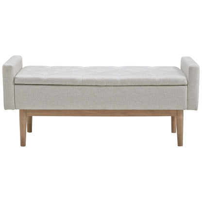 Benjara Tufted Fabric Storage Bench with Low Profile Elevated Arms, Light Gray