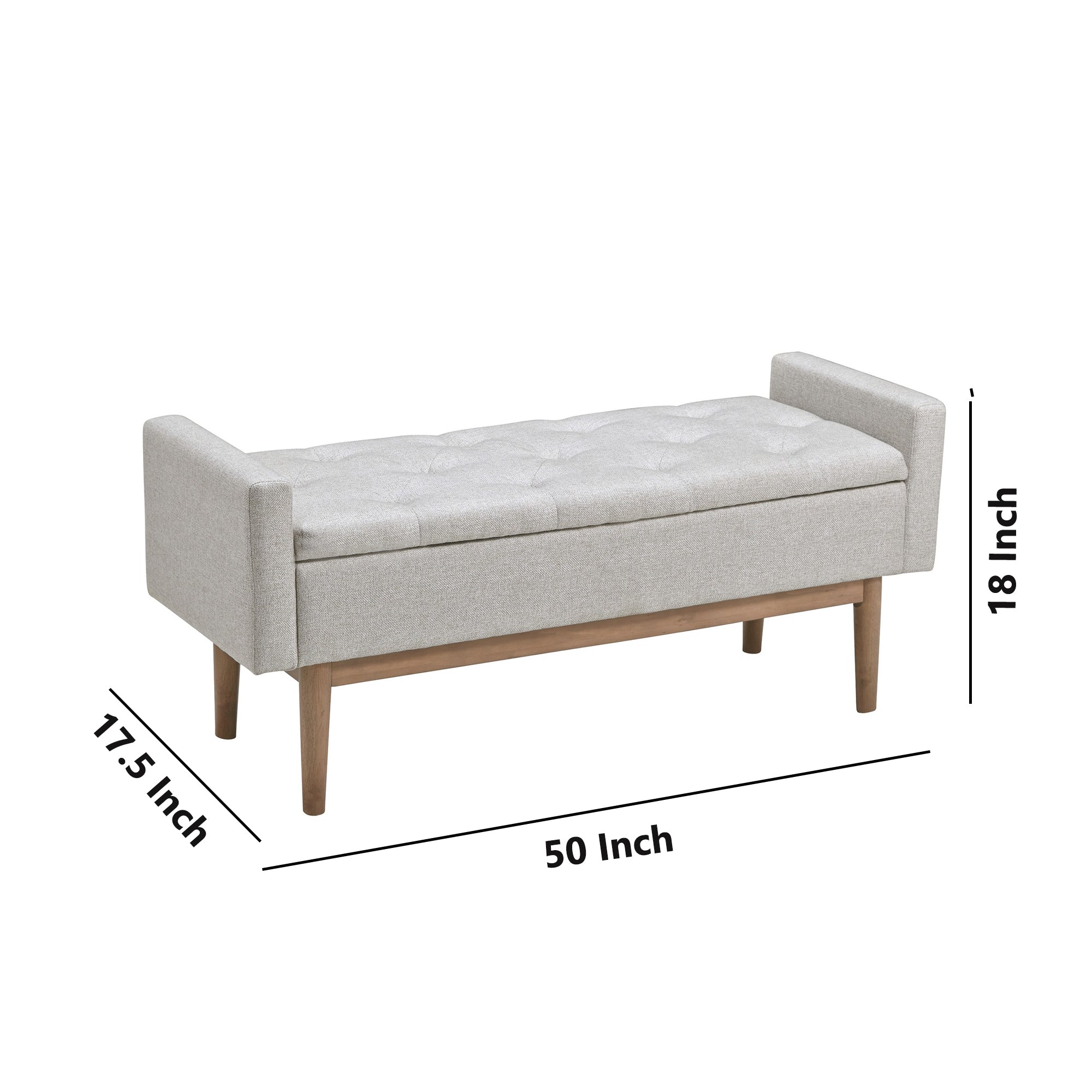 Benjara Tufted Fabric Storage Bench with Low Profile Elevated Arms, Light Gray