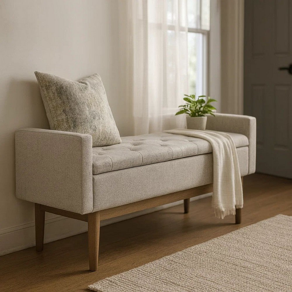 Benjara Tufted Fabric Storage Bench with Low Profile Elevated Arms, Light Gray