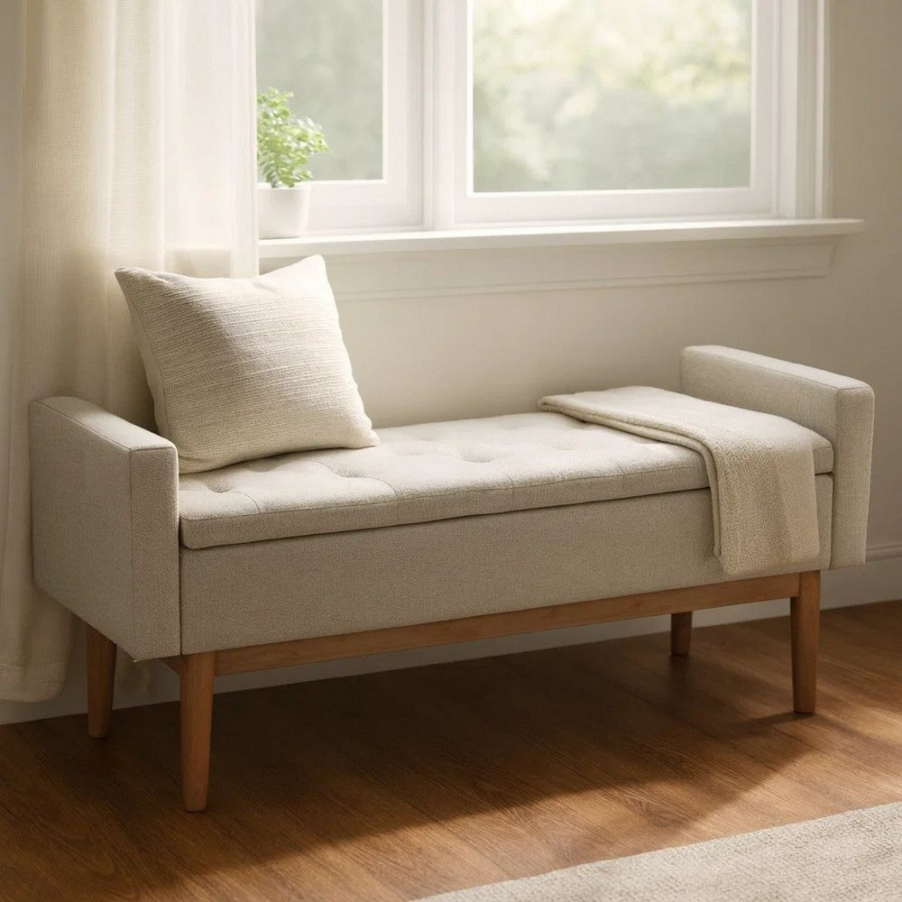 Benjara Tufted Fabric Storage Bench with Low Profile Elevated Arms, Light Gray