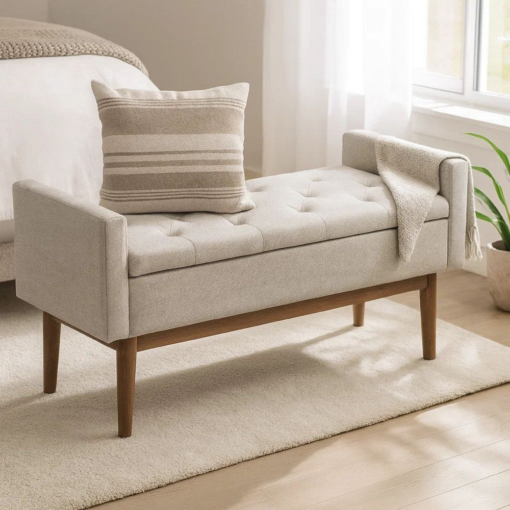 Benjara Tufted Fabric Storage Bench with Low Profile Elevated Arms, Light Gray