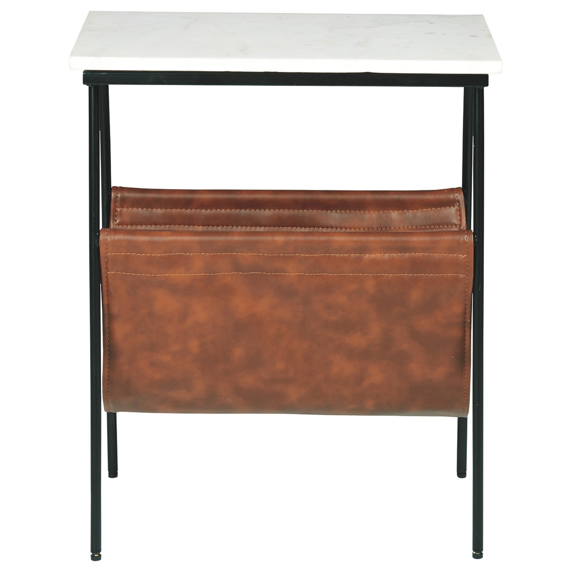 Benjara Marble Top Accent Table with Faux Leather Swing Holder, White And Brown