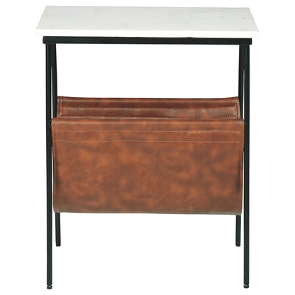 Benjara Marble Top Accent Table with Faux Leather Swing Holder, White And Brown