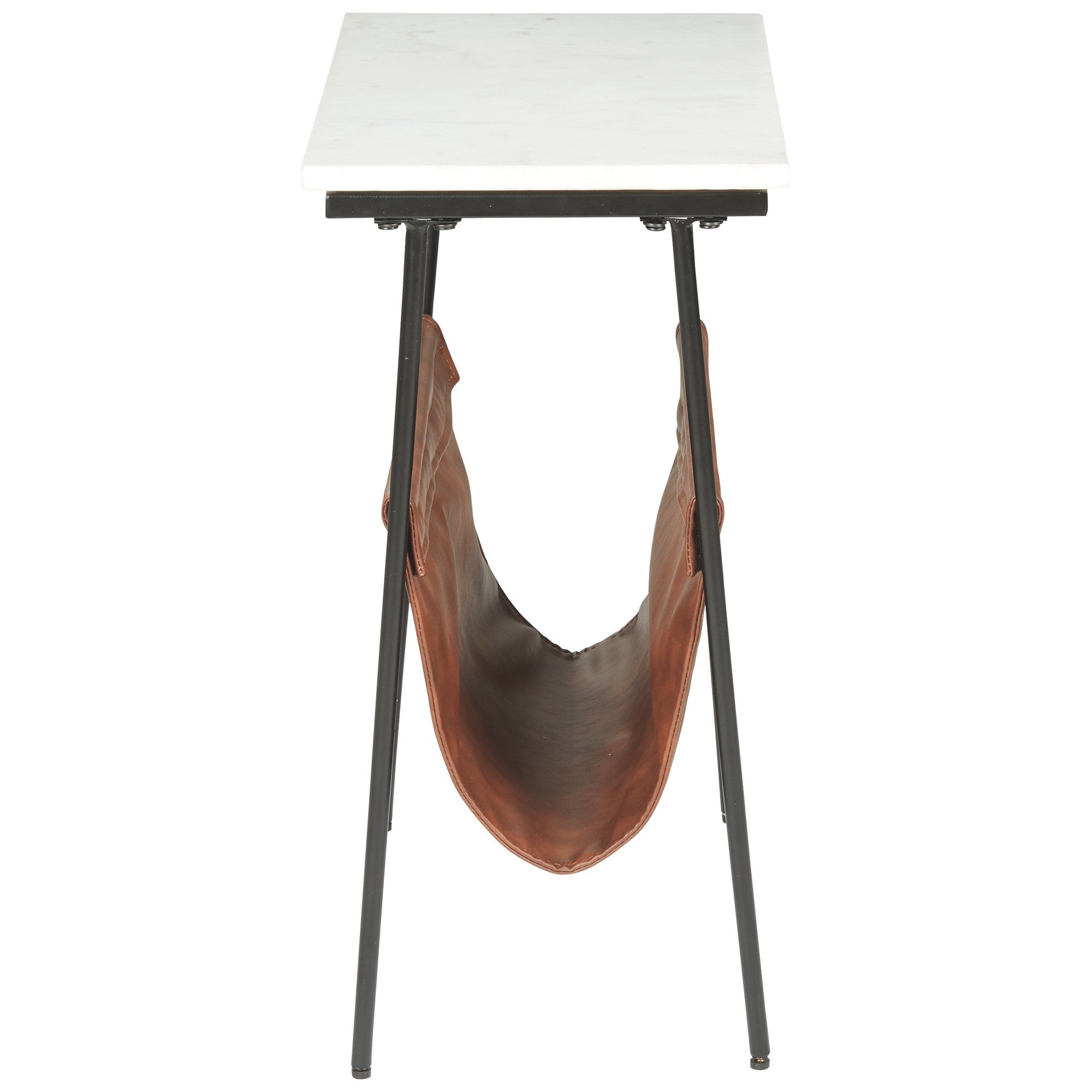Benjara Marble Top Accent Table with Faux Leather Swing Holder, White And Brown