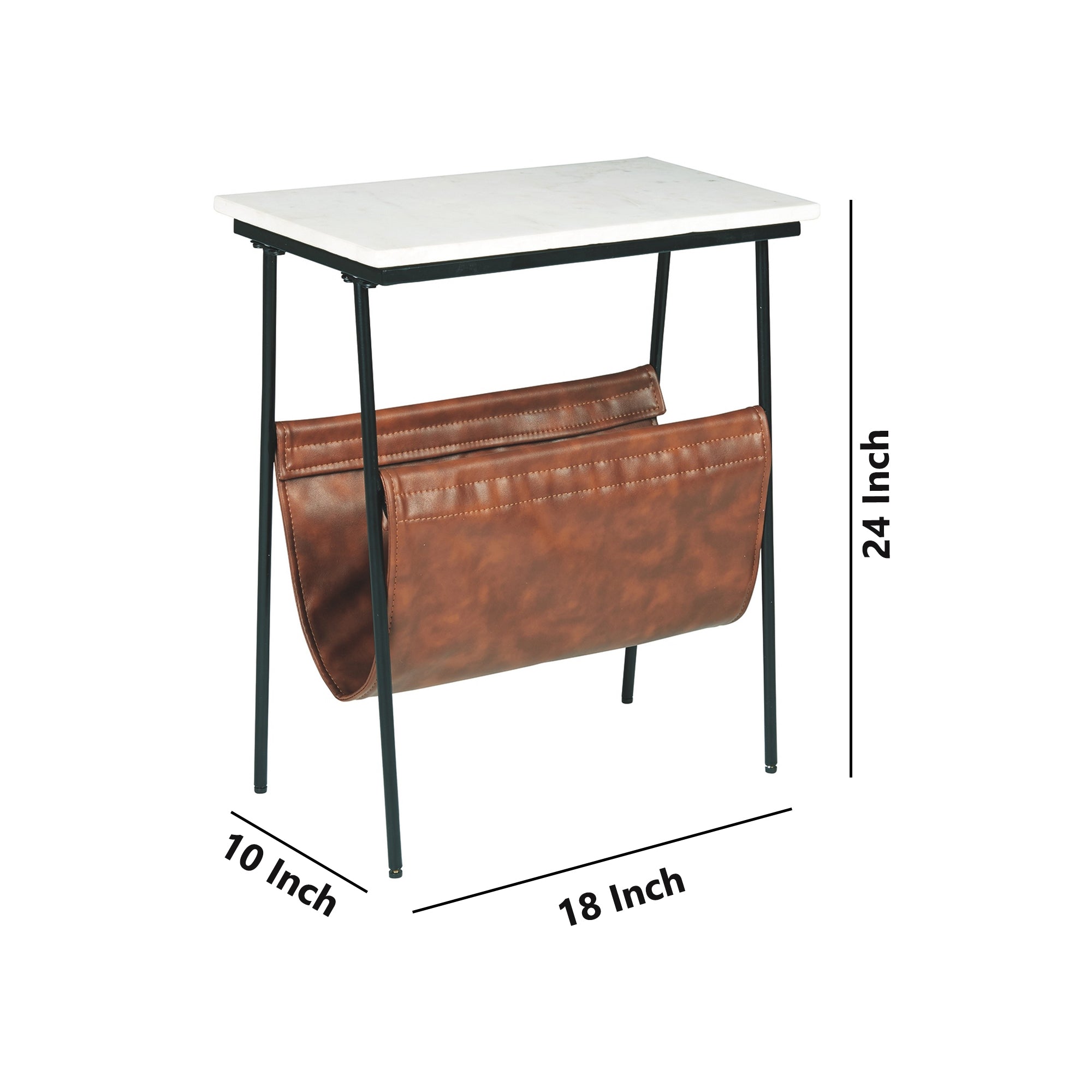 Benjara Marble Top Accent Table with Faux Leather Swing Holder, White And Brown