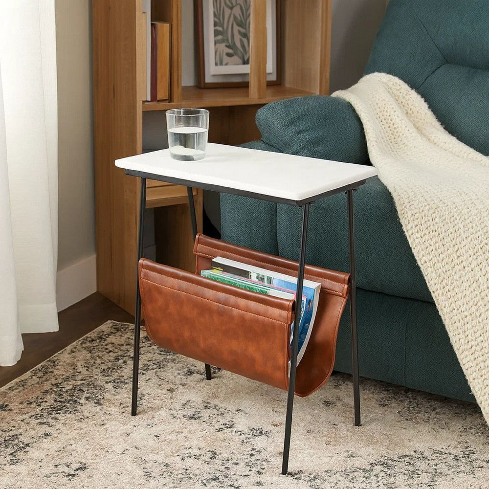 Benjara Marble Top Accent Table with Faux Leather Swing Holder, White And Brown