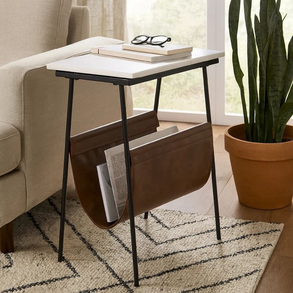 Benjara Marble Top Accent Table with Faux Leather Swing Holder, White And Brown