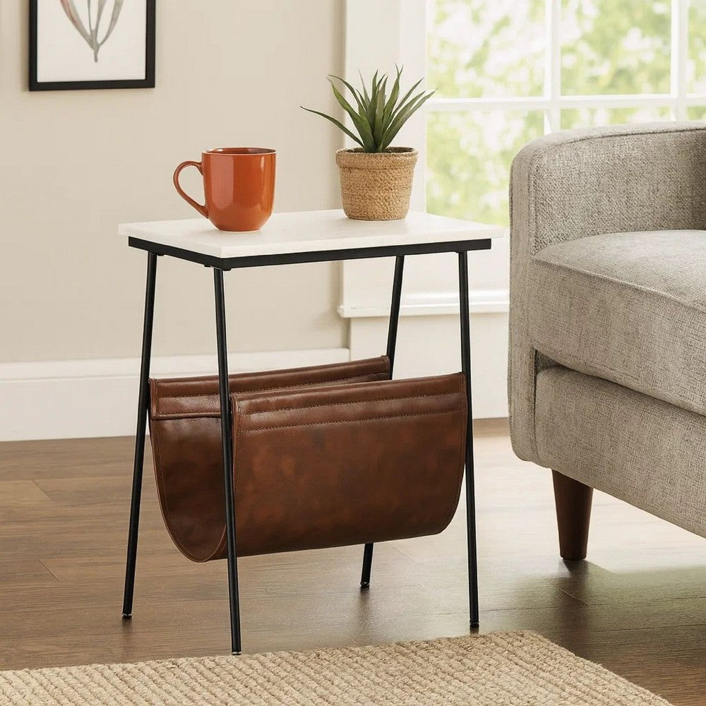 Benjara Marble Top Accent Table with Faux Leather Swing Holder, White And Brown
