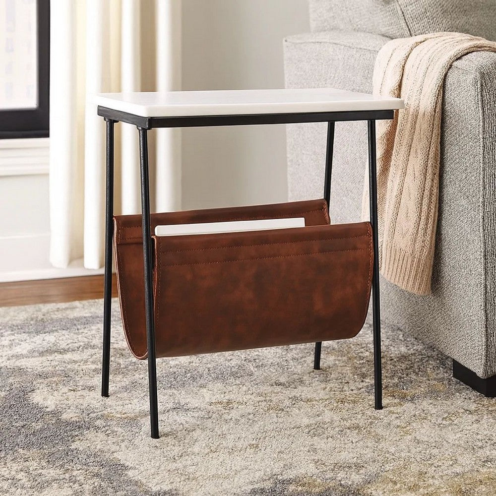 Benjara Marble Top Accent Table with Faux Leather Swing Holder, White And Brown