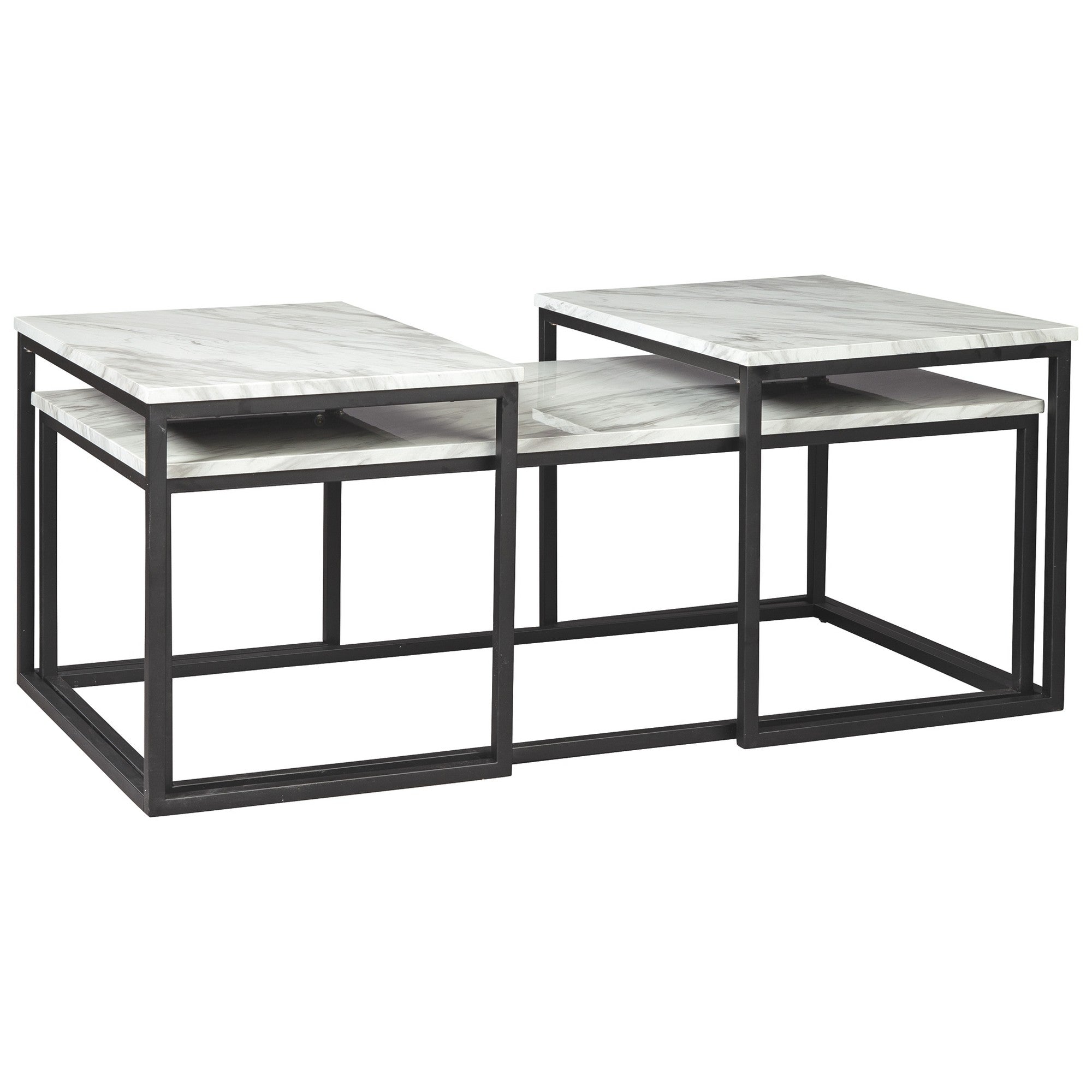 Benjara 3 Piece Metal Frame Occasional Table Set With Marble Top, White And Black