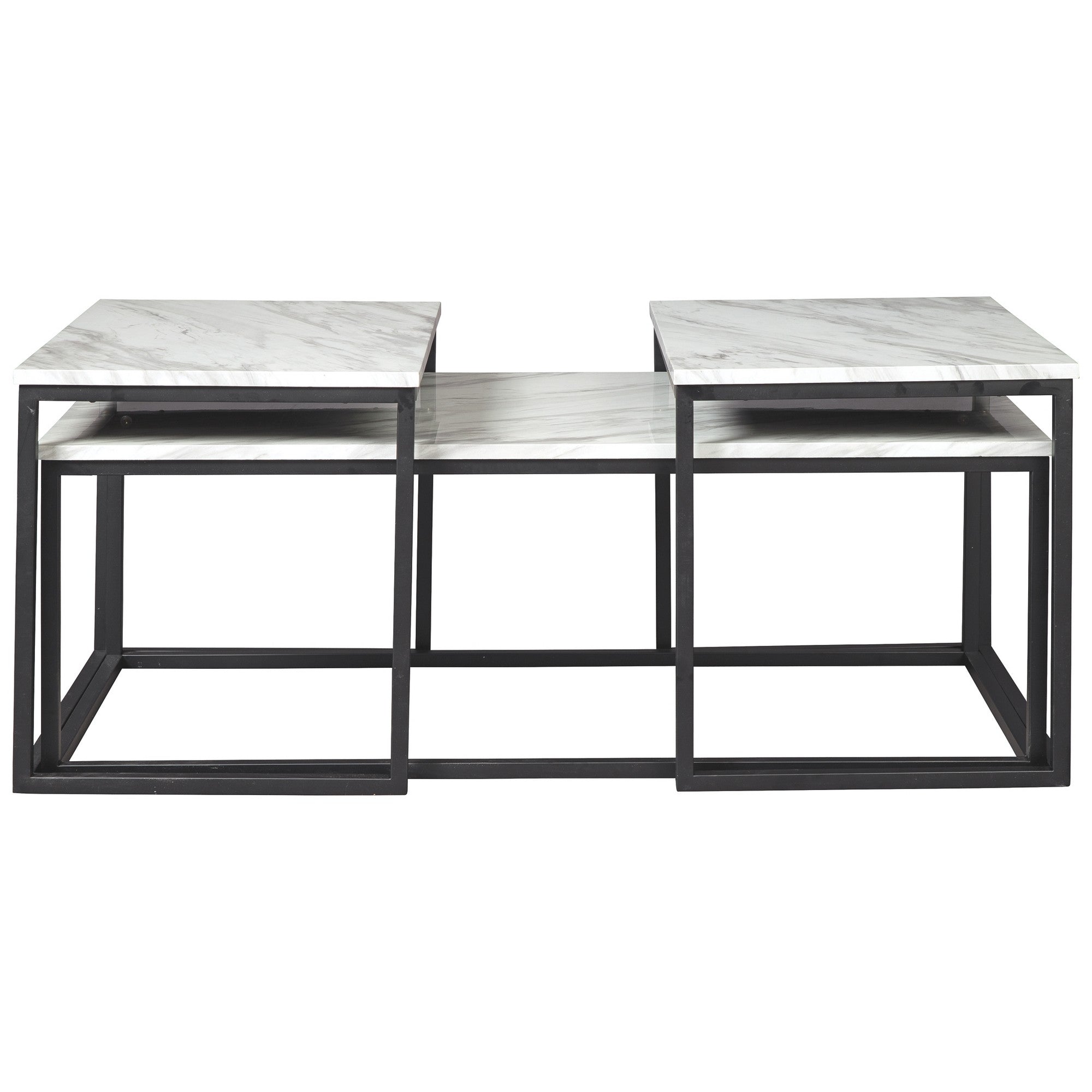 Benjara 3 Piece Metal Frame Occasional Table Set With Marble Top, White And Black