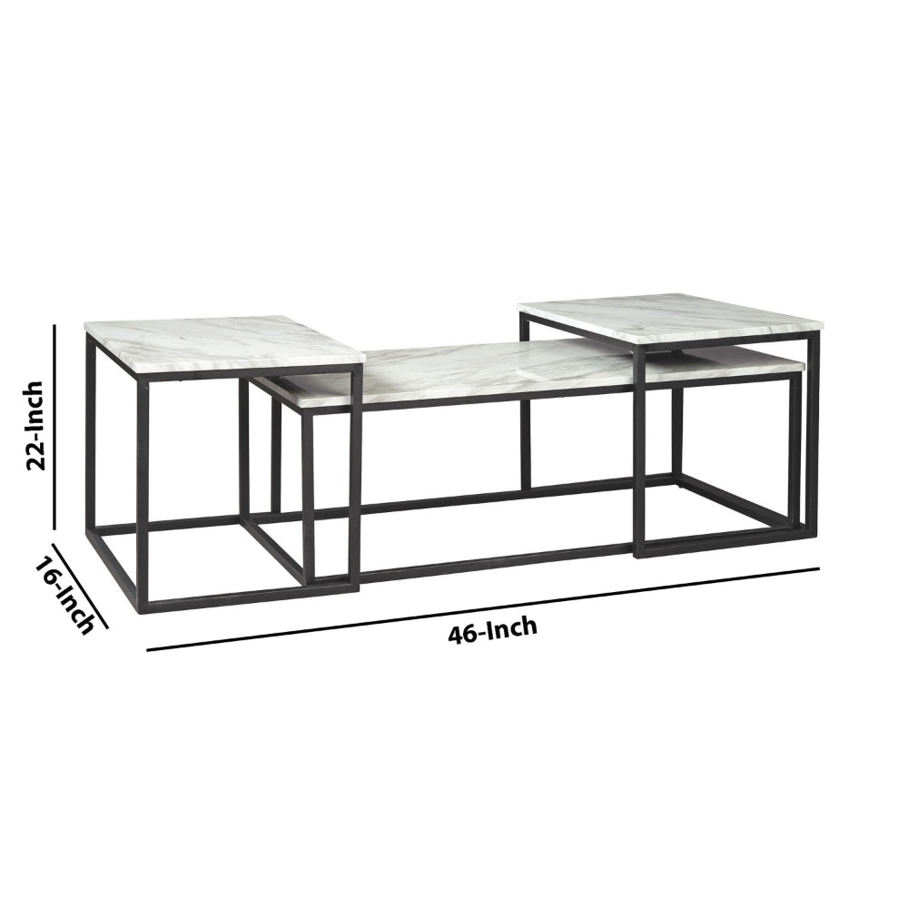 Benjara 3 Piece Metal Frame Occasional Table Set With Marble Top, White And Black
