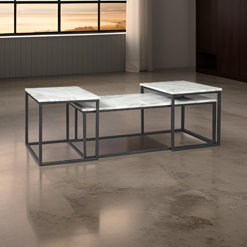 Benjara 3 Piece Occasional Table, Metal Frame, Marble Top, White And Black