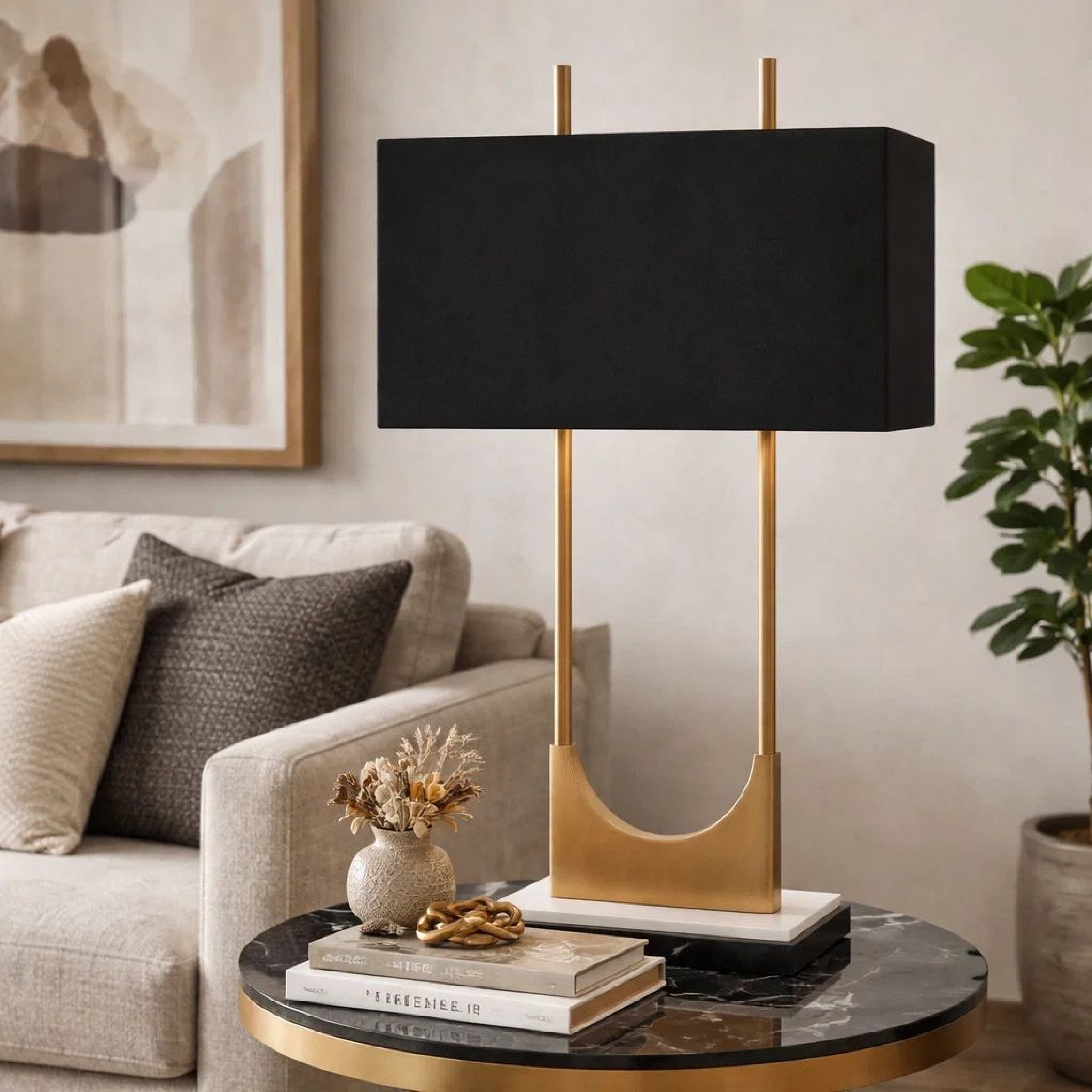 Benjara U Shaped Metal Body Table Lamp With Marble Base, Gold And Black