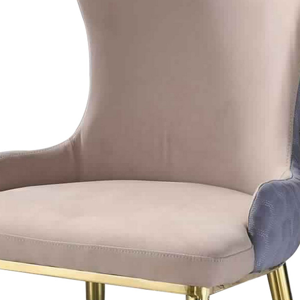 Benjara Fabric Upholstered Side Chair with Spindle Legs, Set of 2, Beige And Gold