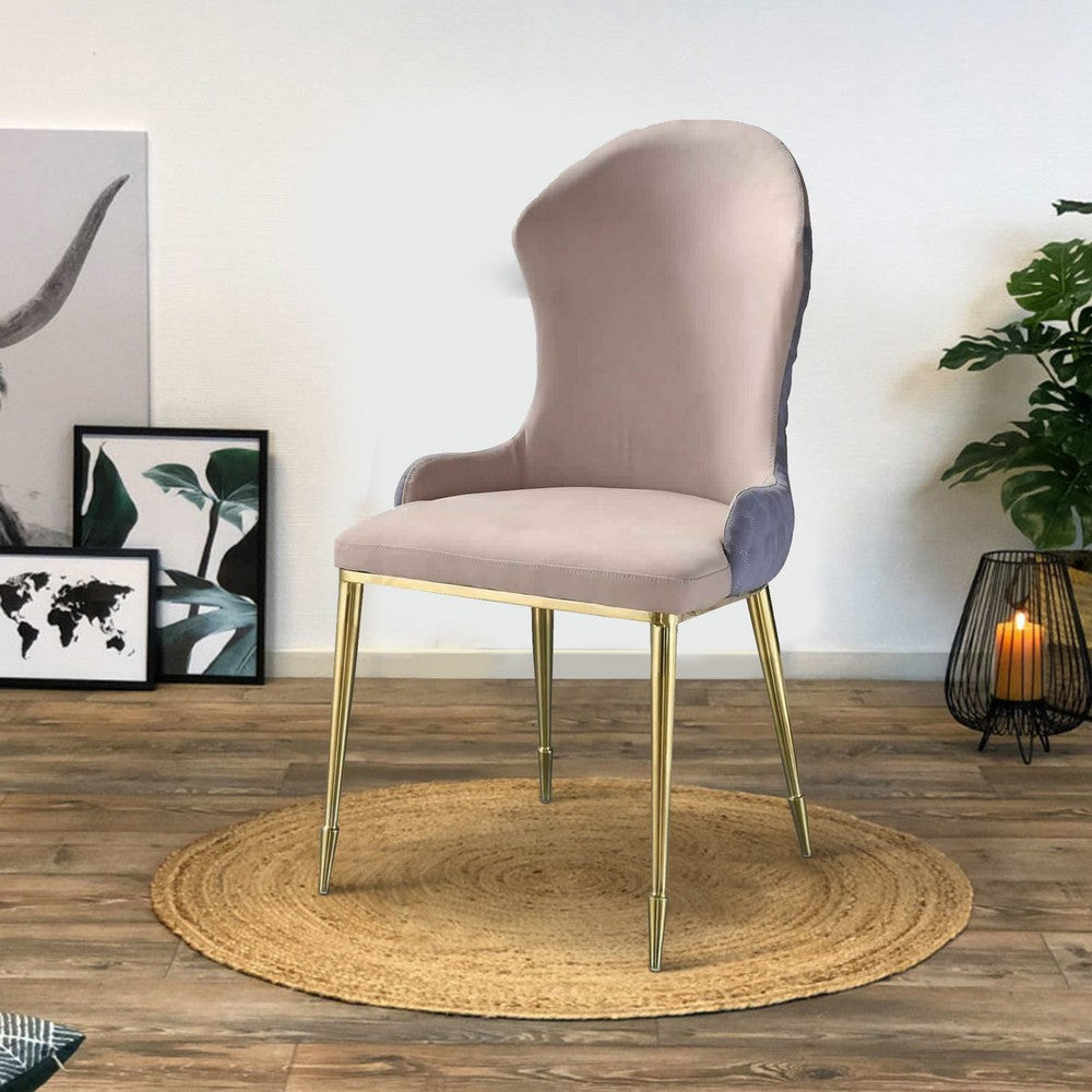 Benjara Fabric Upholstered Side Chair with Spindle Legs, Set of 2, Beige And Gold