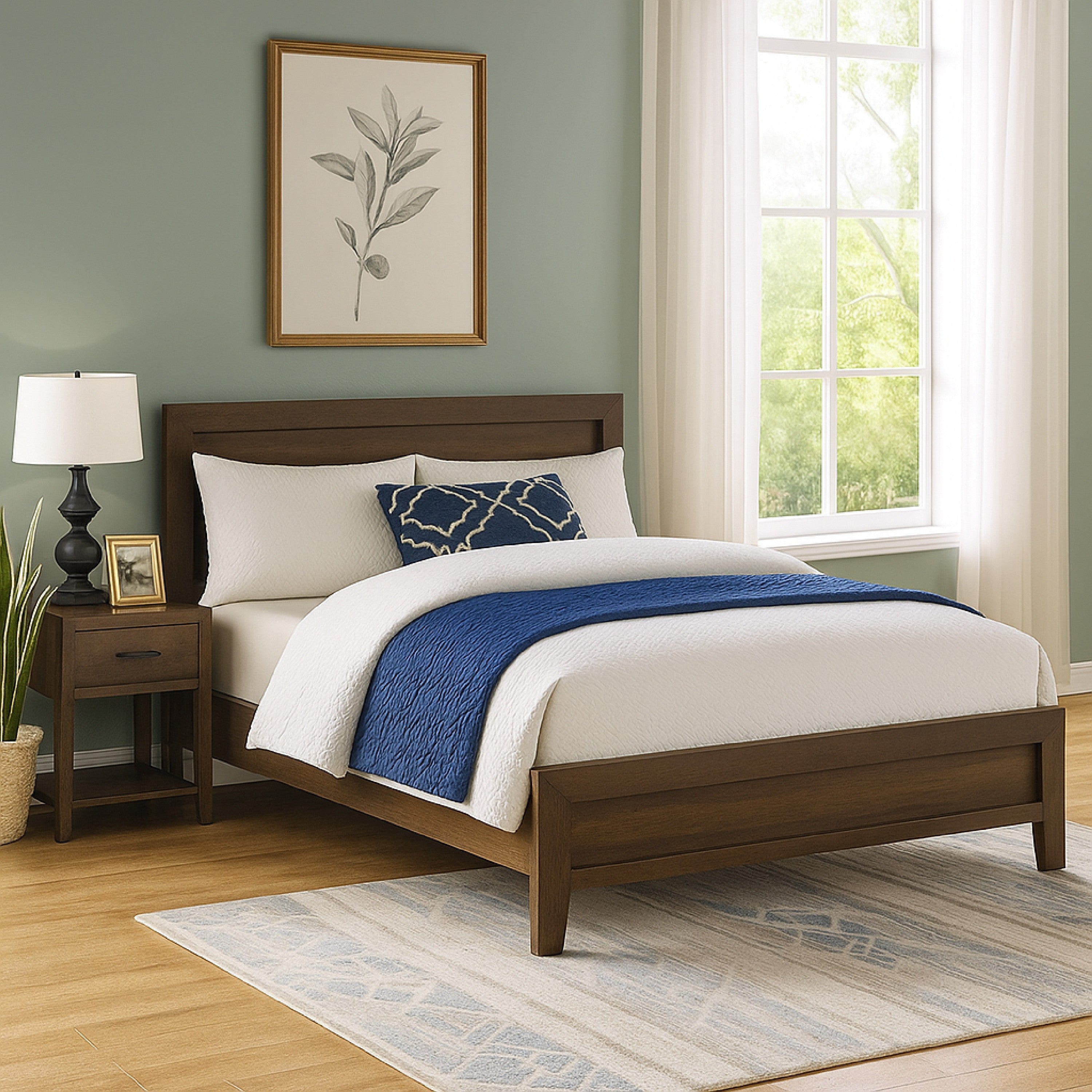 Benjara Wooden Queen Bed with Molded Trim Headboard And Chamfered Legs, Brown