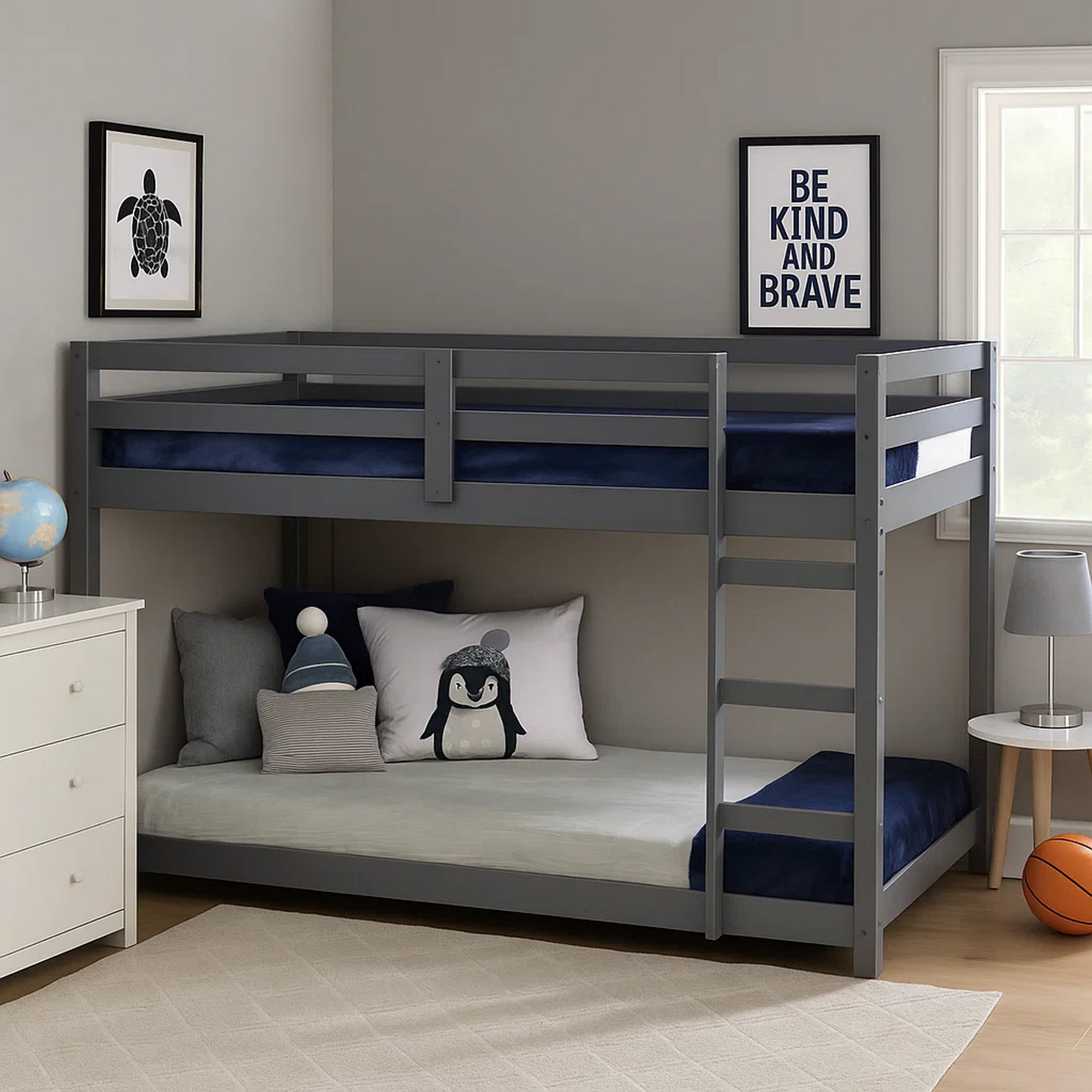 Benjara Twin Wooden Frame Loft Bed with Built In Ladder, Gray