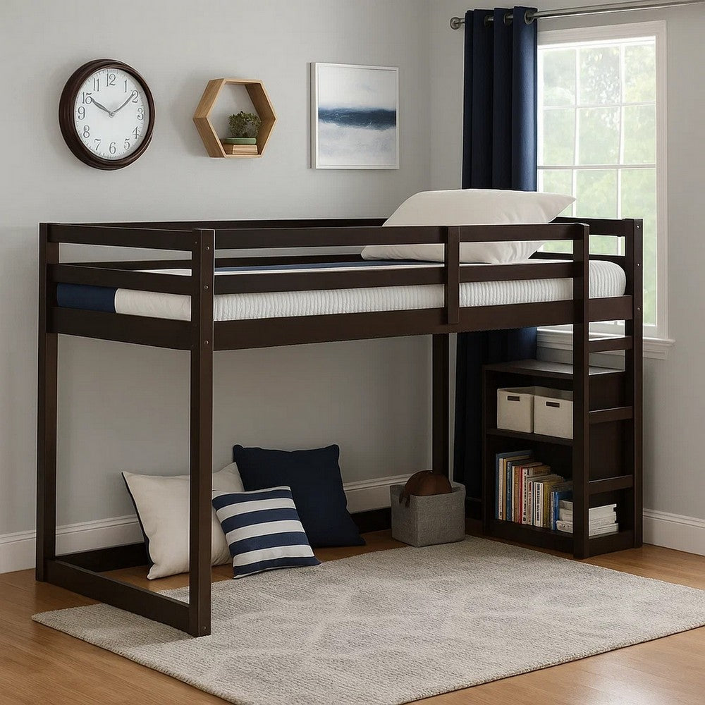 Benjara Twin Wooden Frame Loft Bed with Built In Ladder, Espresso Brown