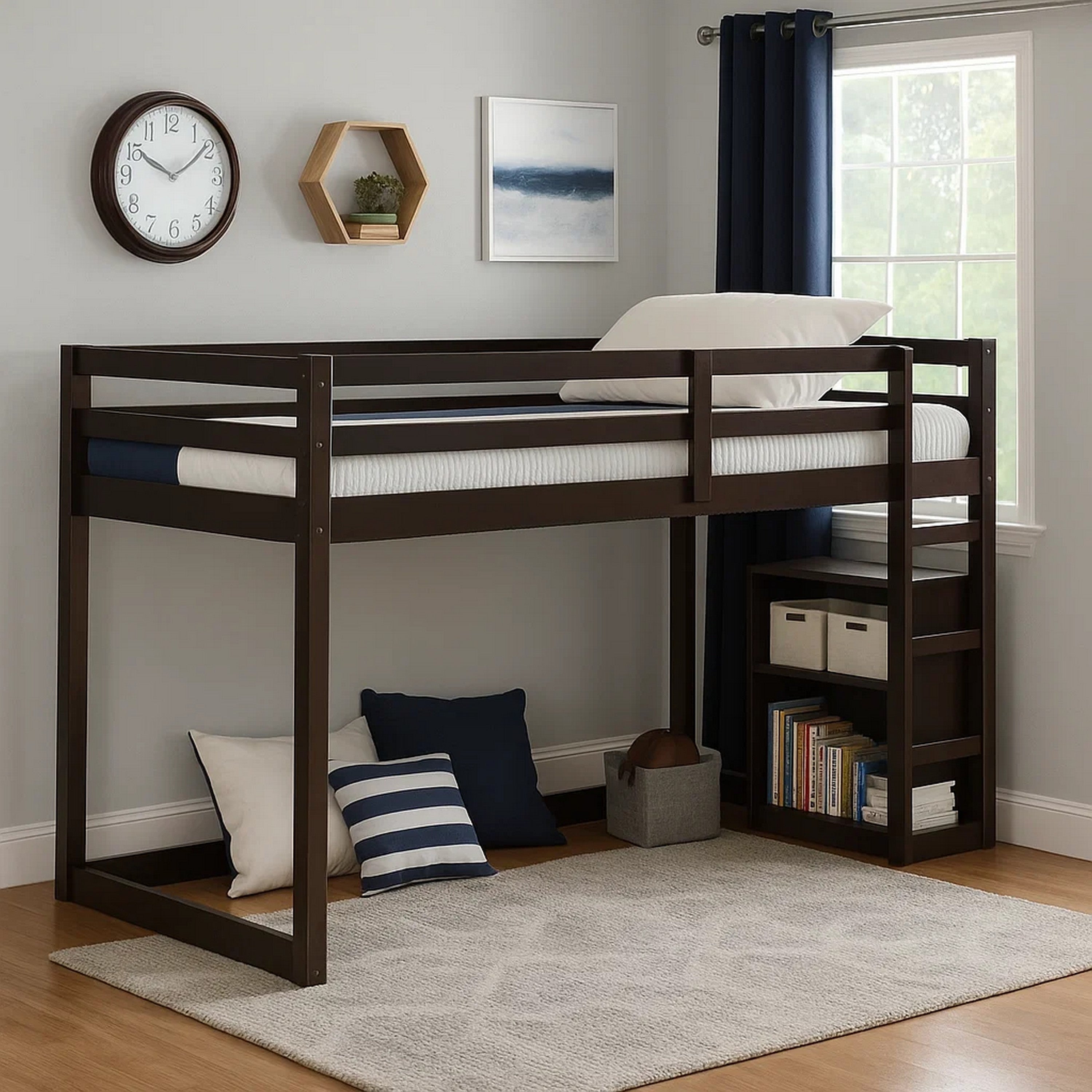 Benjara Twin Wooden Frame Loft Bed with Built In Ladder, Espresso Brown