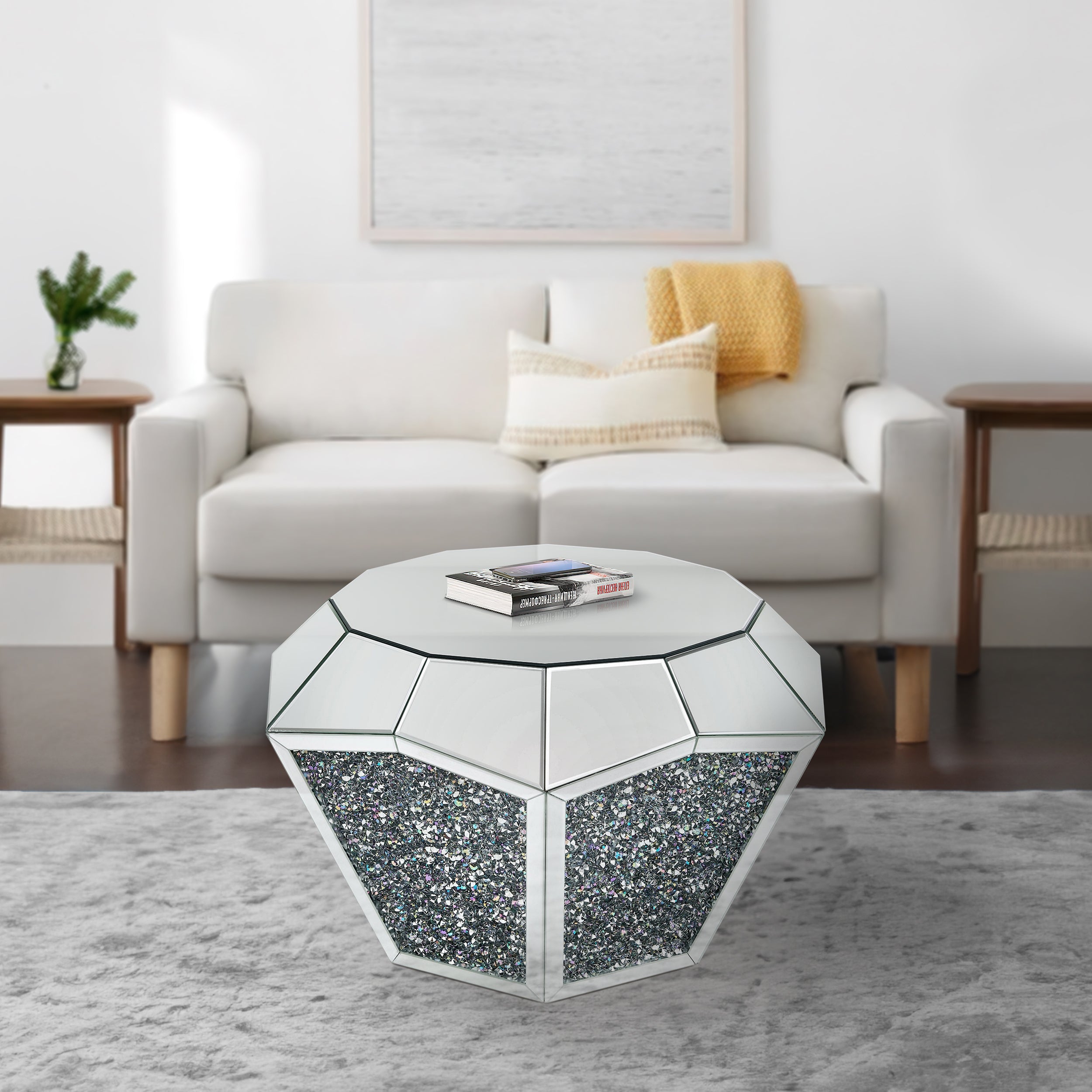 Benjara Mirror Octagonal Shape Coffee Table with Faux Diamond Inlays, Silver