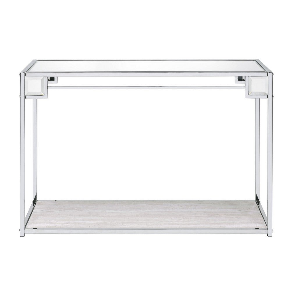 Benjara Mirror Top Metal Console Table with Wooden Open Bottom Shelf, Silver