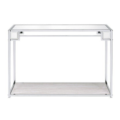 Benjara Mirror Top Metal Console Table with Wooden Open Bottom Shelf, Silver