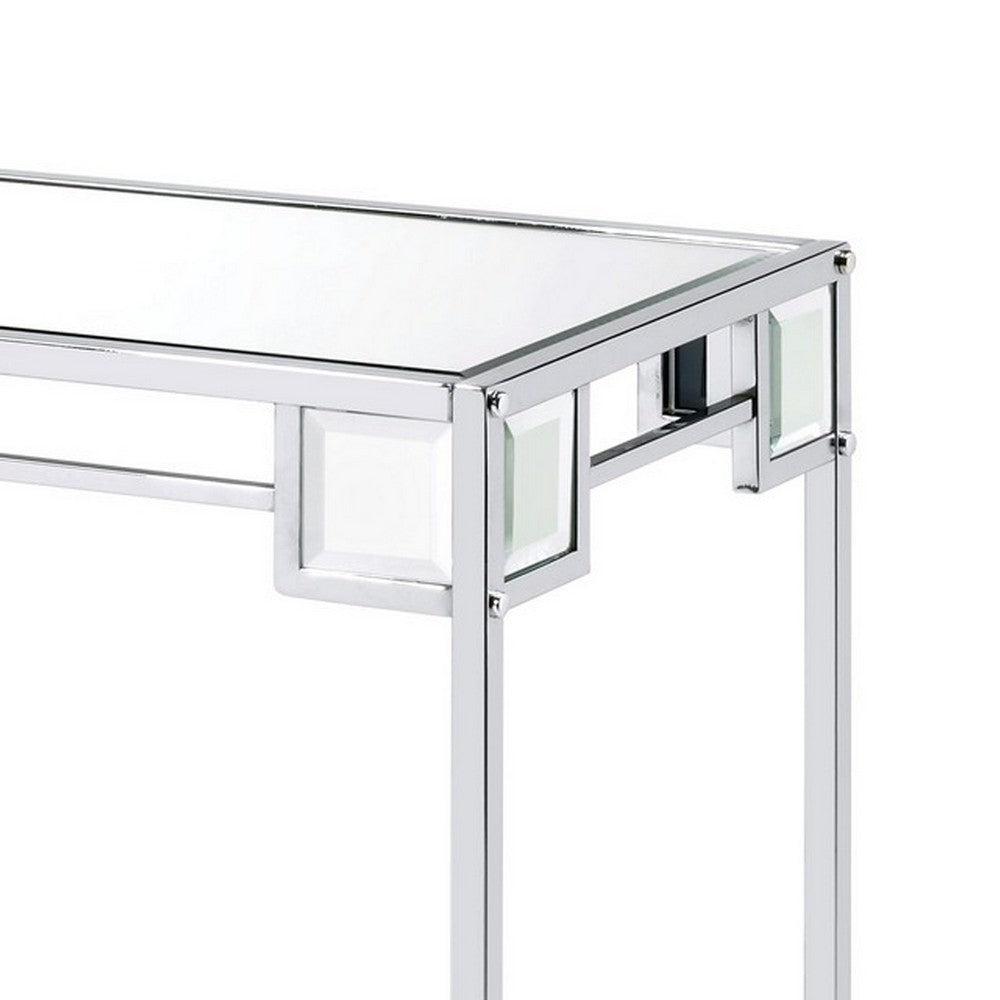 Benjara Mirror Top Metal Console Table with Wooden Open Bottom Shelf, Silver